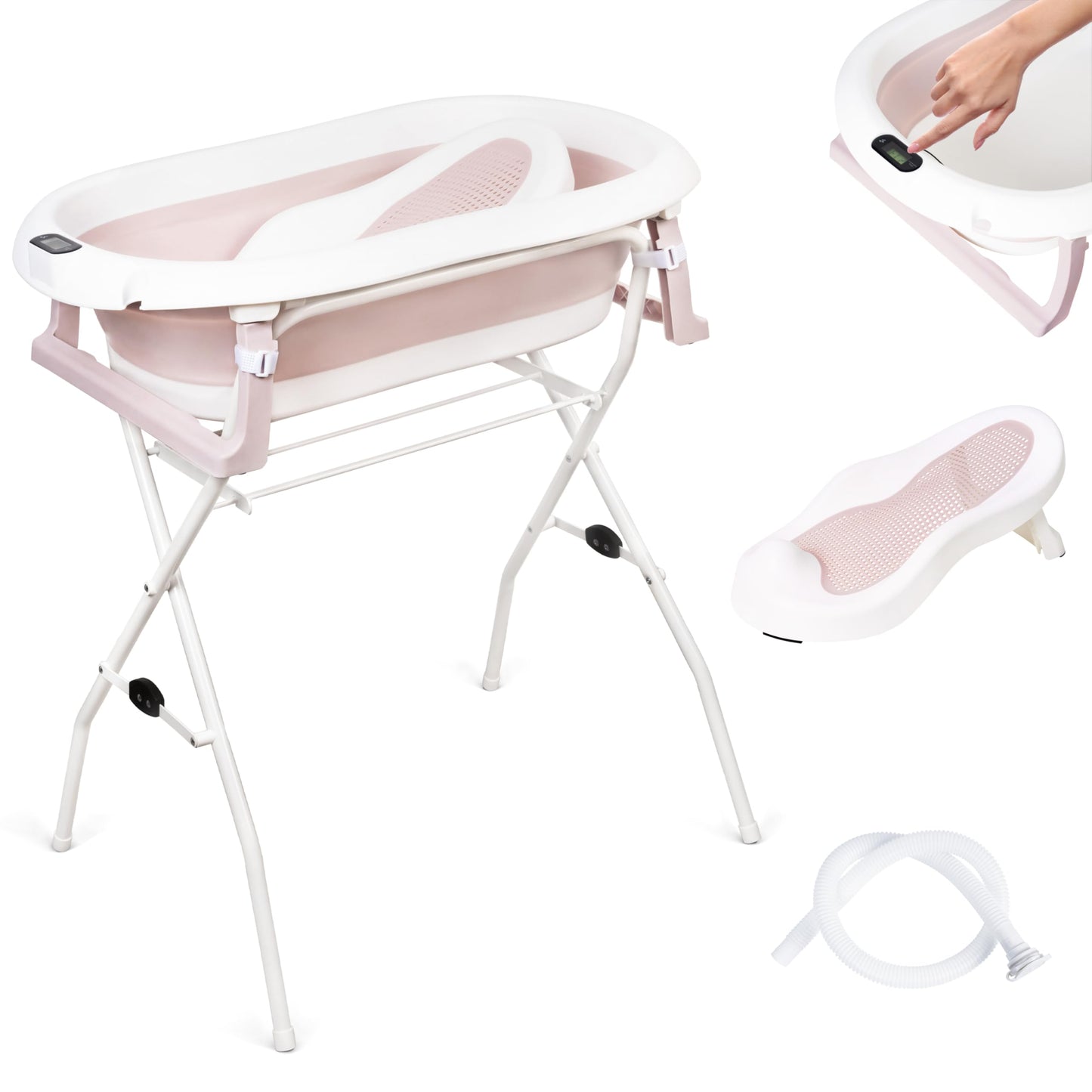 Babybadewanne mit Gestell und Badesitz, Rosa mit Ständer und Badesitz