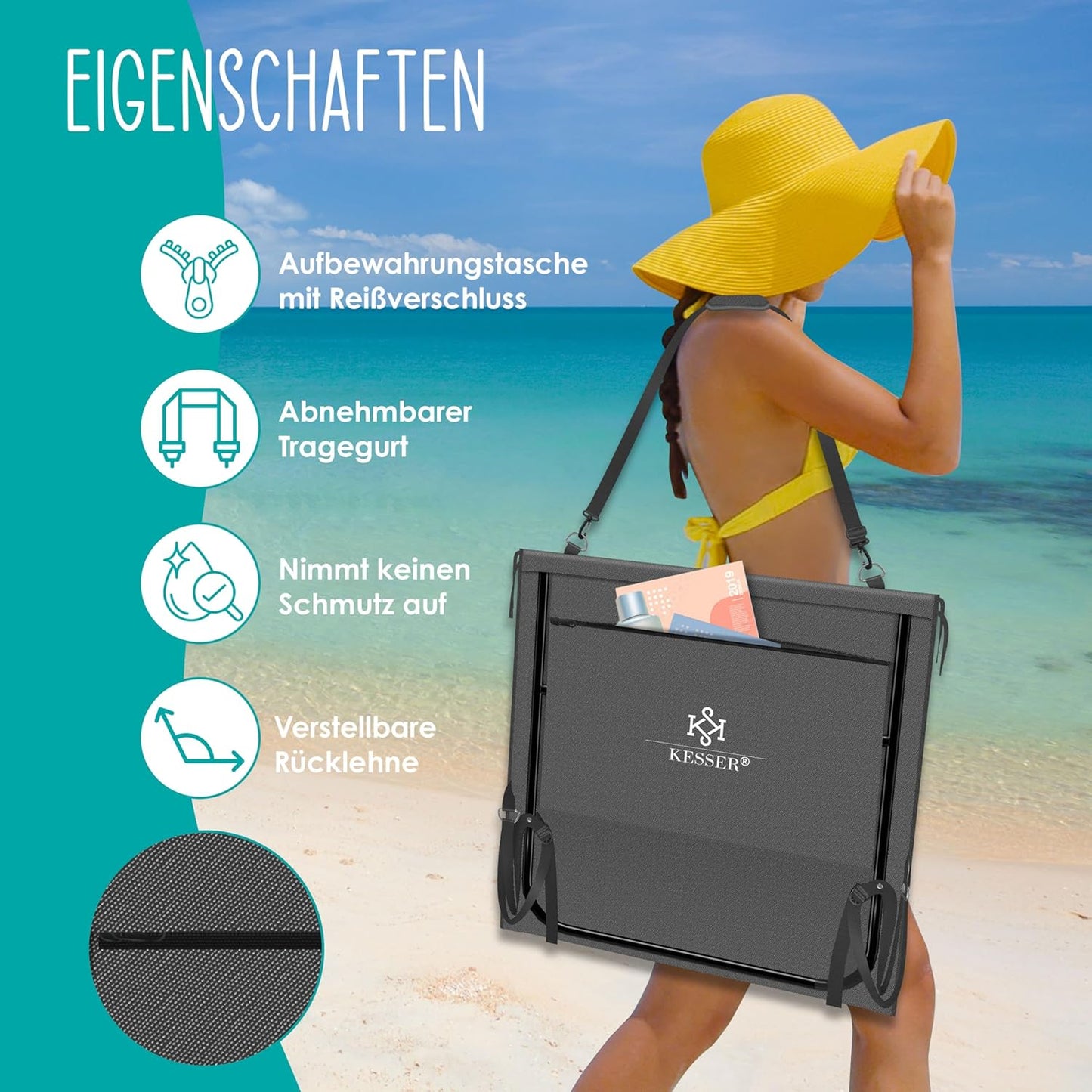Klappbare Strandmatte mit verstellbarer Rückenlehne und Tragegurt 2er-Set, 2 Stück Anthrazit