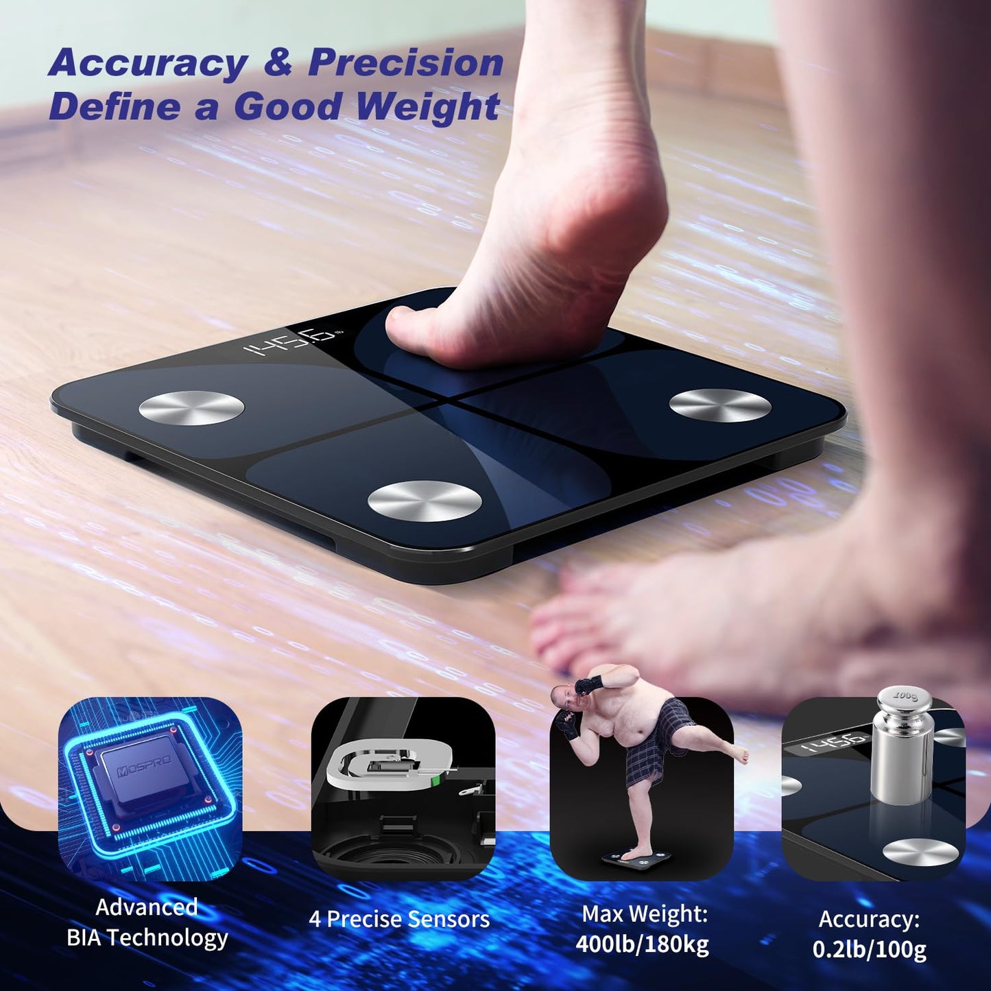 Körperfettwaage mit App und Bluetooth-Funktion, Blau 26*26cm