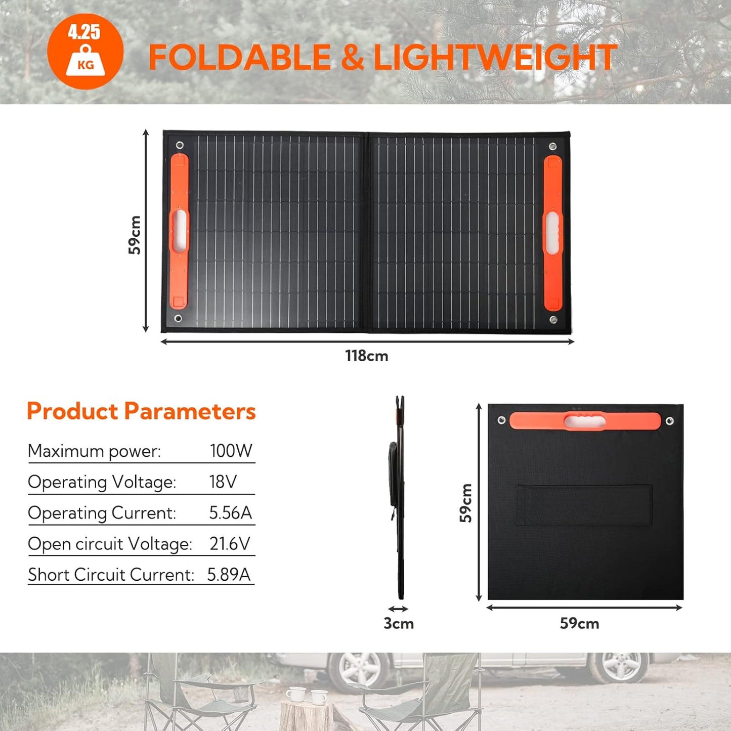 Faltbares Solarpanel mit USB/DC Ausgängen, 100w Orange