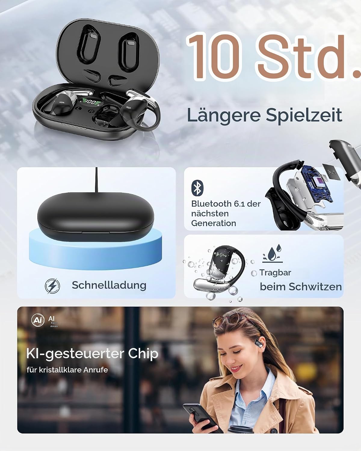 Open Ear Sport-Kopfhörer, Schwarz