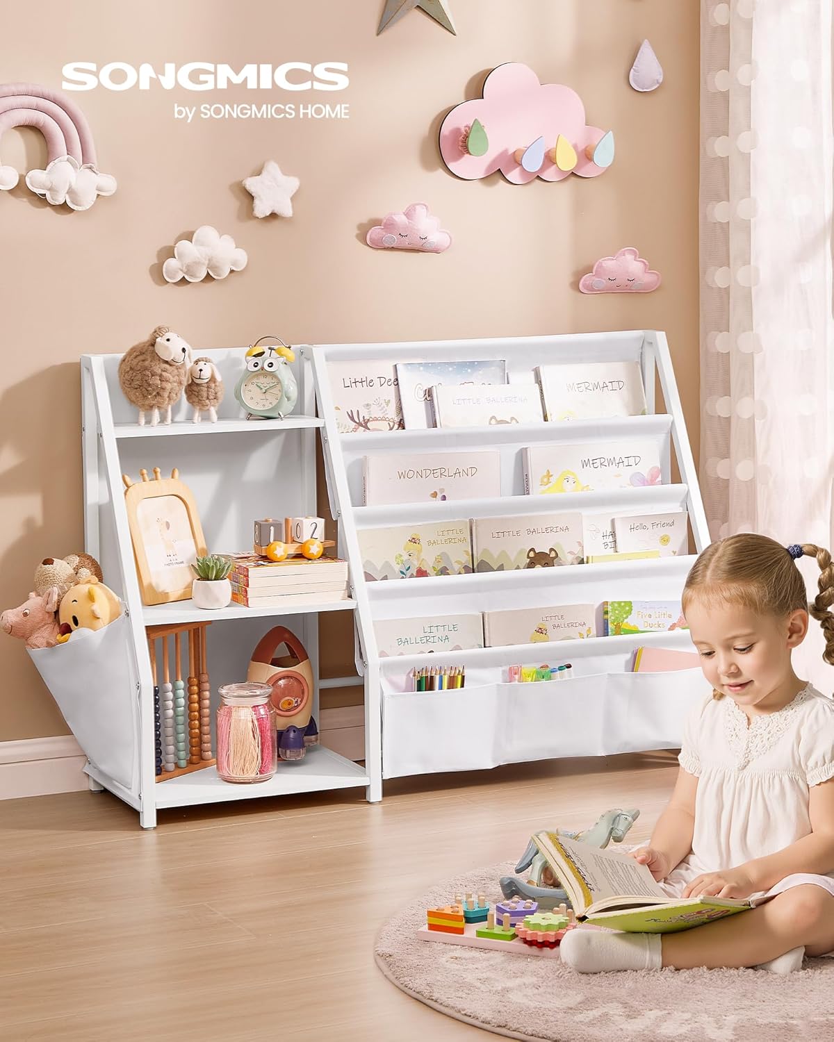 Bücher- und Spielzeugregal mit Seitentasche, 75 cm hoch