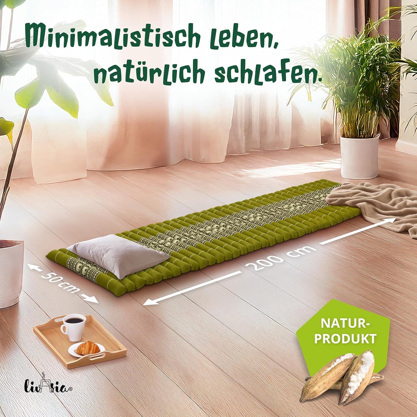 Rollmatte Rollmatratze für Gäste (200x50x4,5 cm), S (200 x 50 cm) Grün/Elefanten