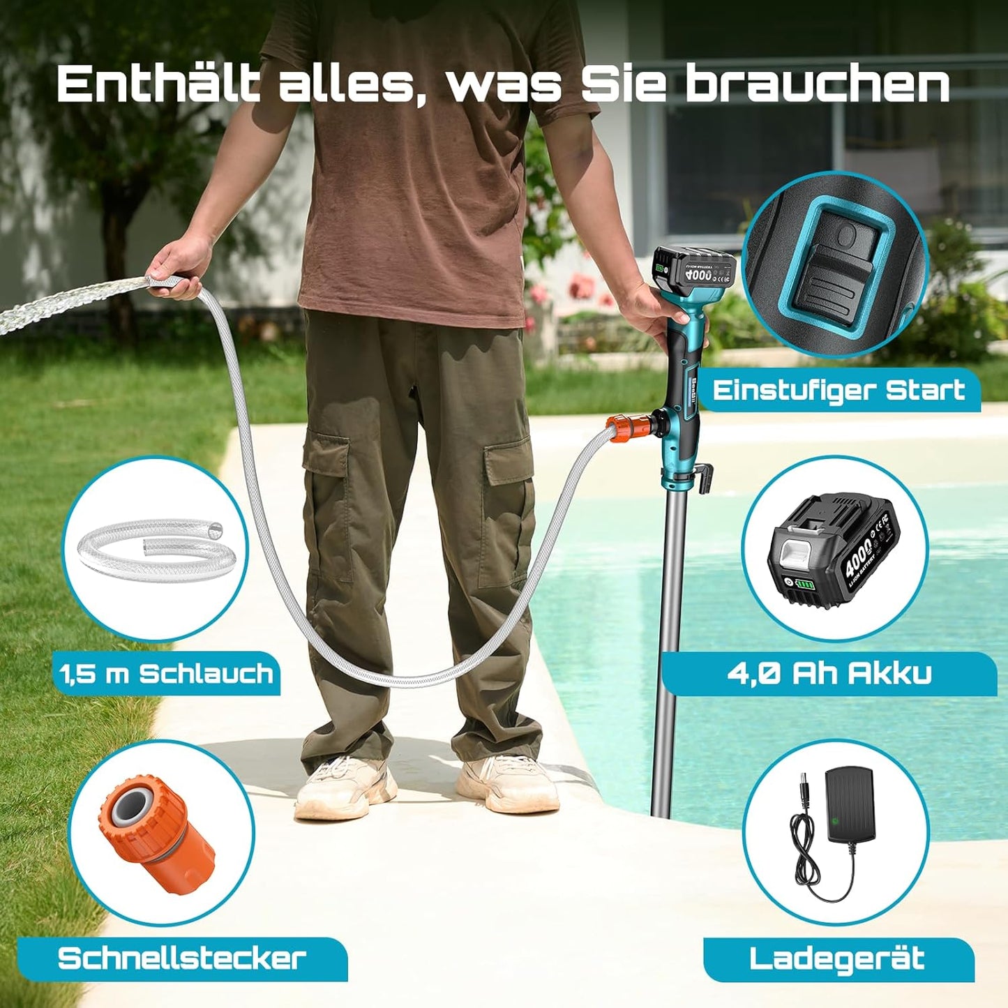 Akku-Regenfasspumpe mit Ladegerät