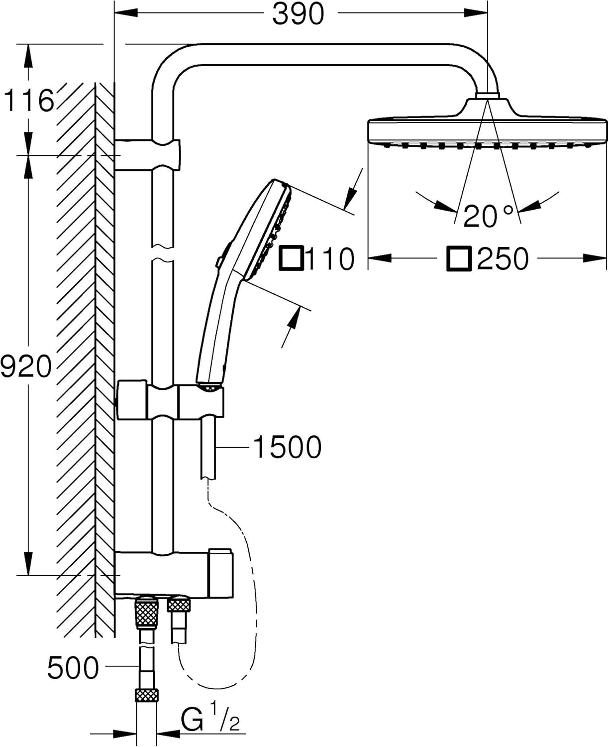 Vitalio 250 Duschsystem mit Umstellung, 104cm Brausestange (Übergrösse)