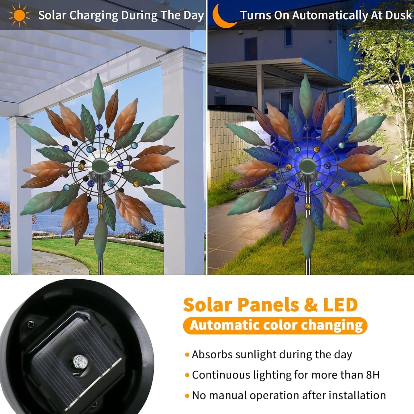 Solarbetriebener Garten-Windspinner mit Beleuchtung, Durchmesser 20,4 Zoll