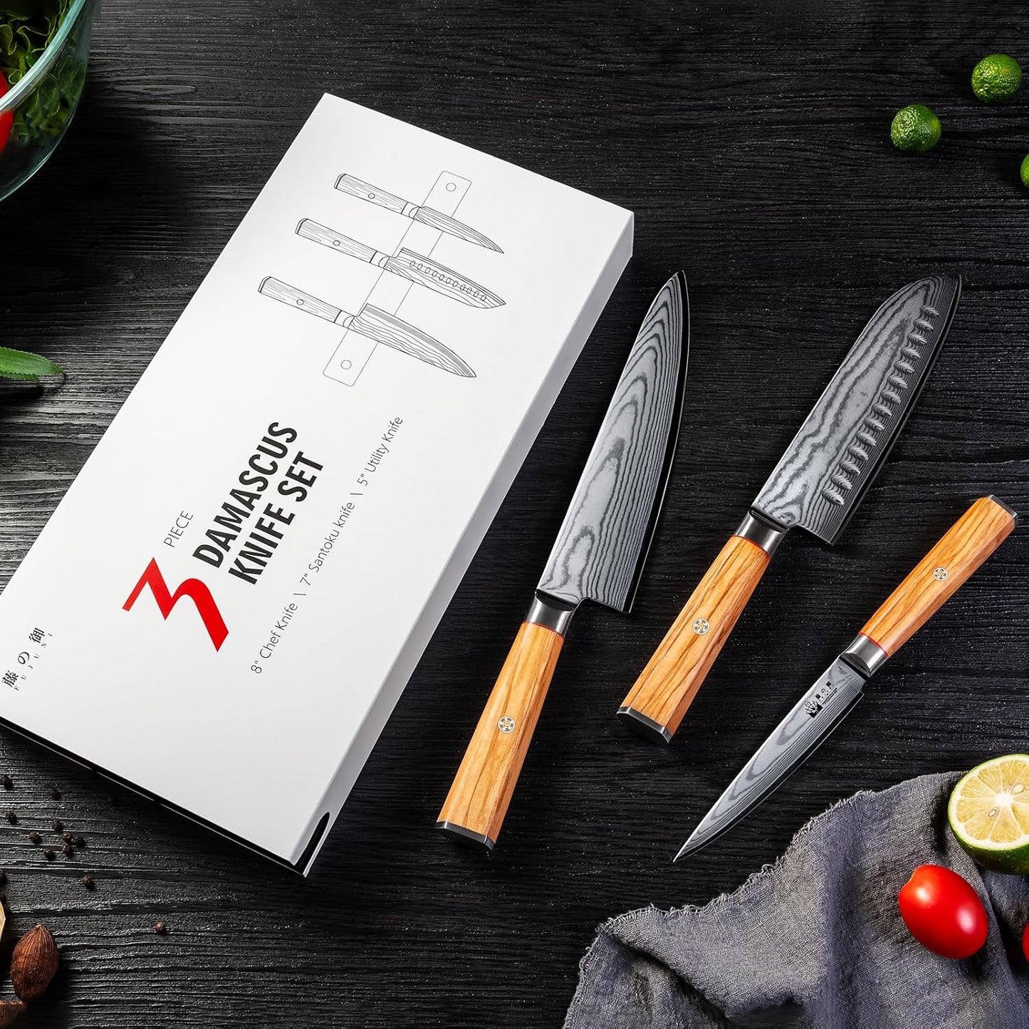 3-teiliges Damastmesser Set, Damastmesser Set