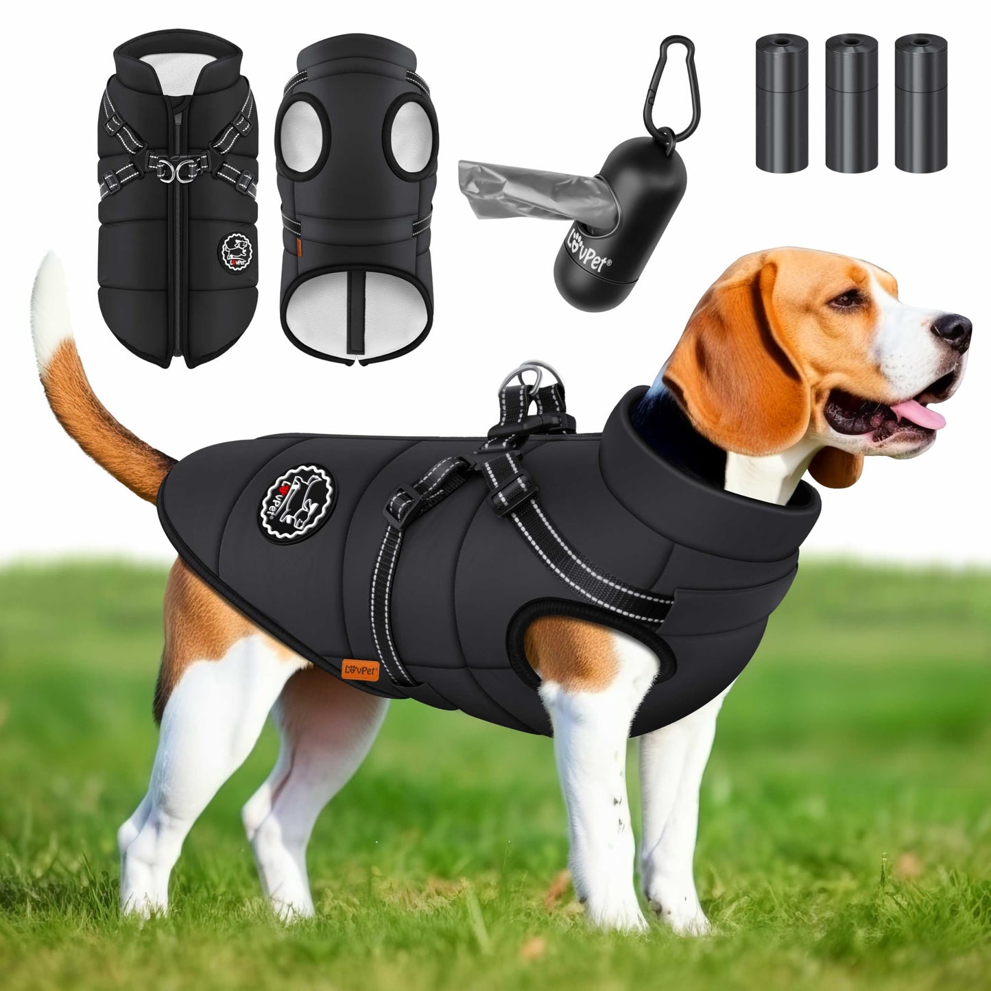 Hundewintermantel mit Geschirr & Kotbeutel-Set, 4XL Schwarz