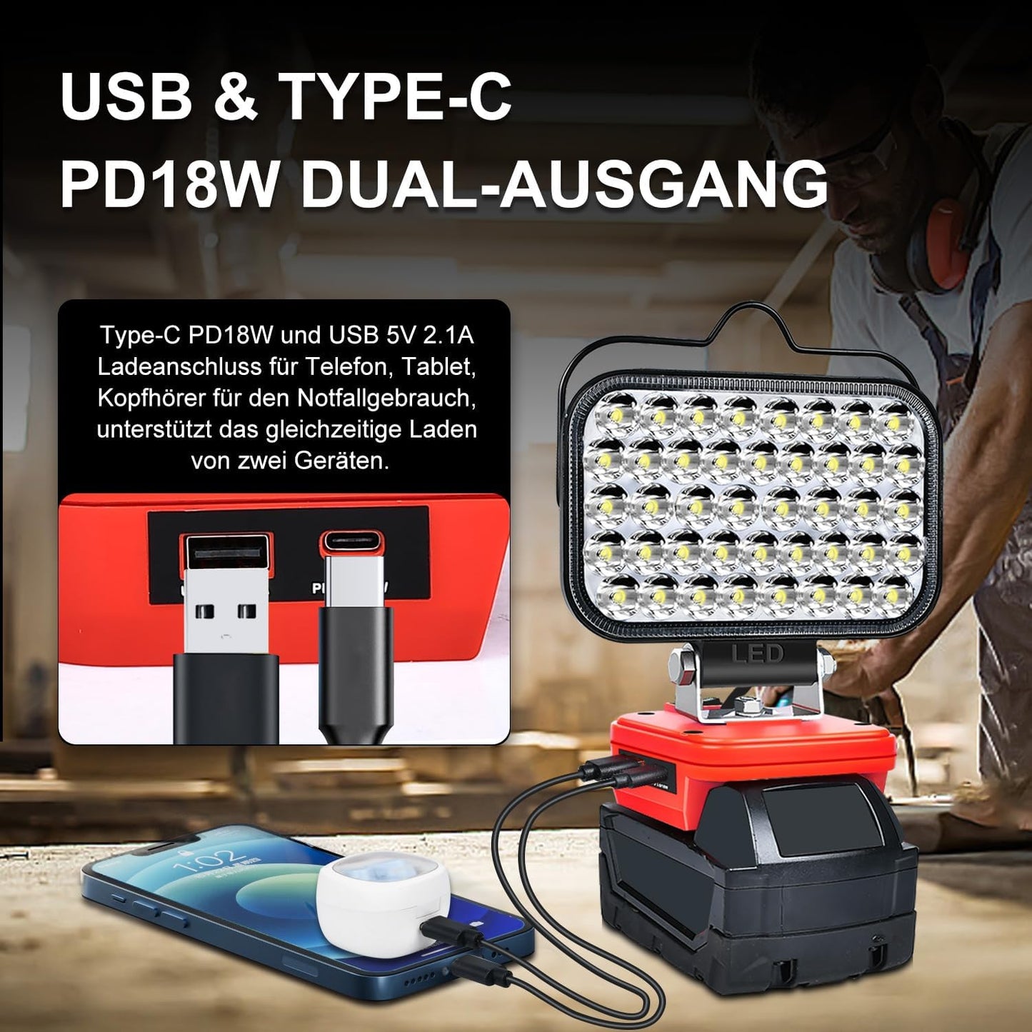 Tragbares LED-Baustrahlerlicht für M18 Akku, Rot