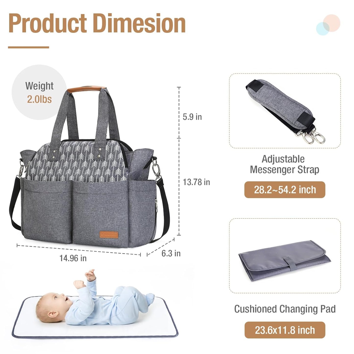 Grosse Wickeltasche mit Wickelunterlage, Grau