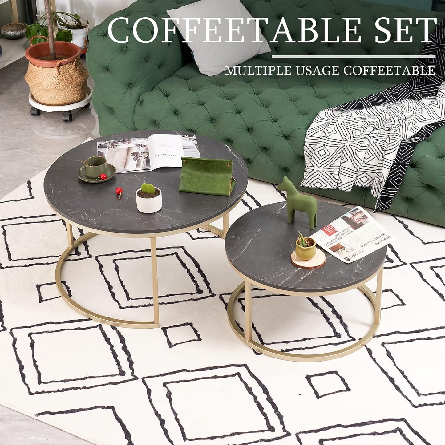 2er-Set Runder Couchtisch, Schwarz & Gold