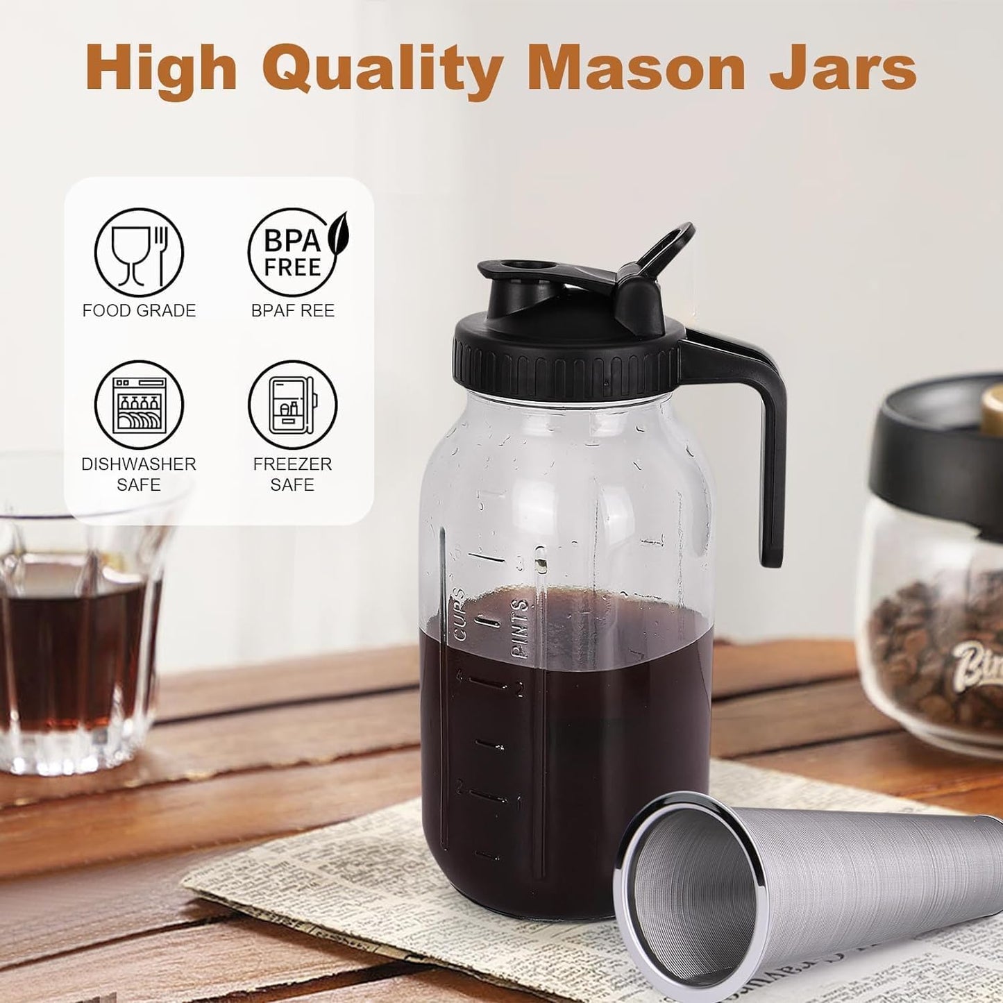 Cold Brew Kaffeebereiter mit Edelstahlfilter, 64oz Schwarz