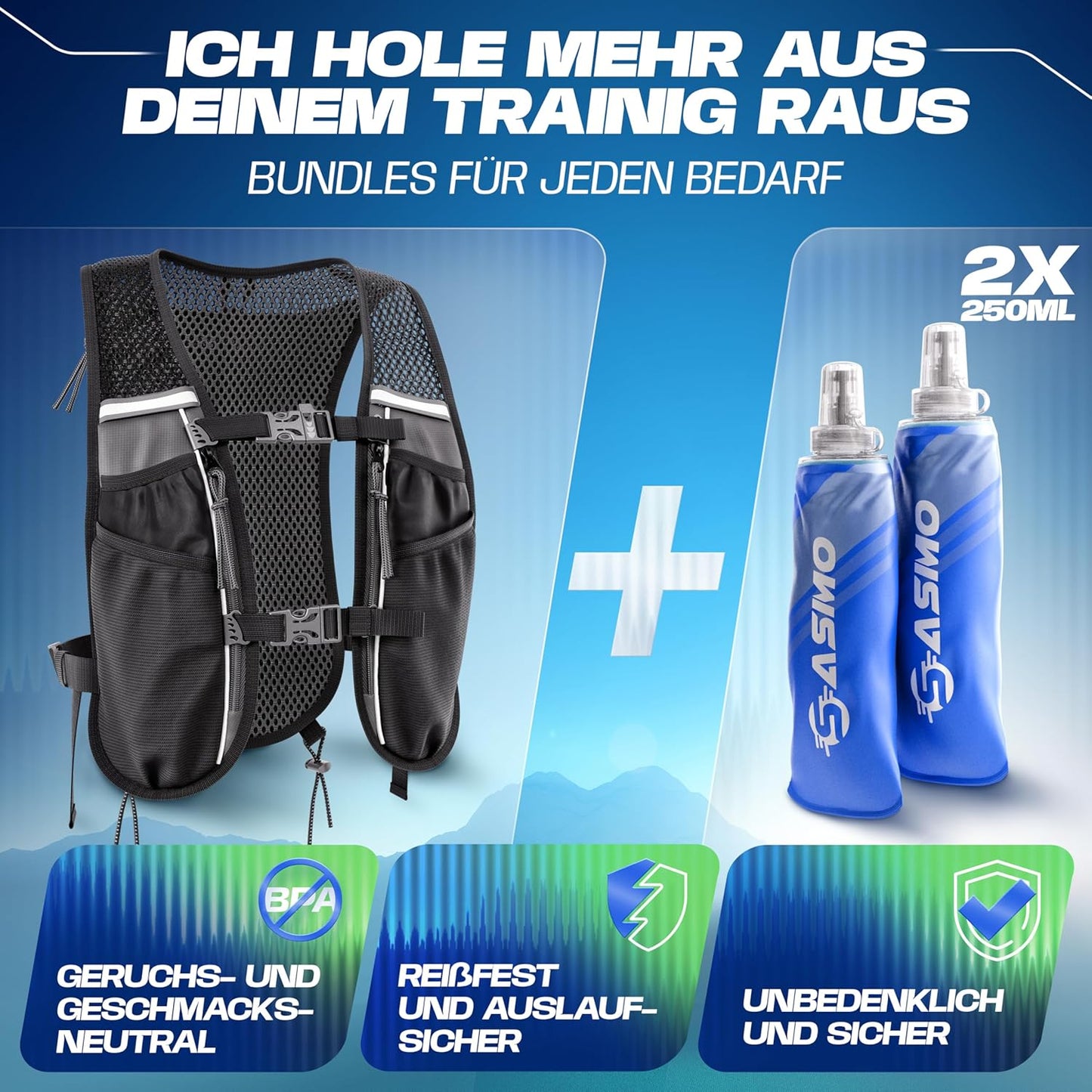 Trinkweste mit 8 Taschen, 5L - schwarz - mit 2x250ml 5L