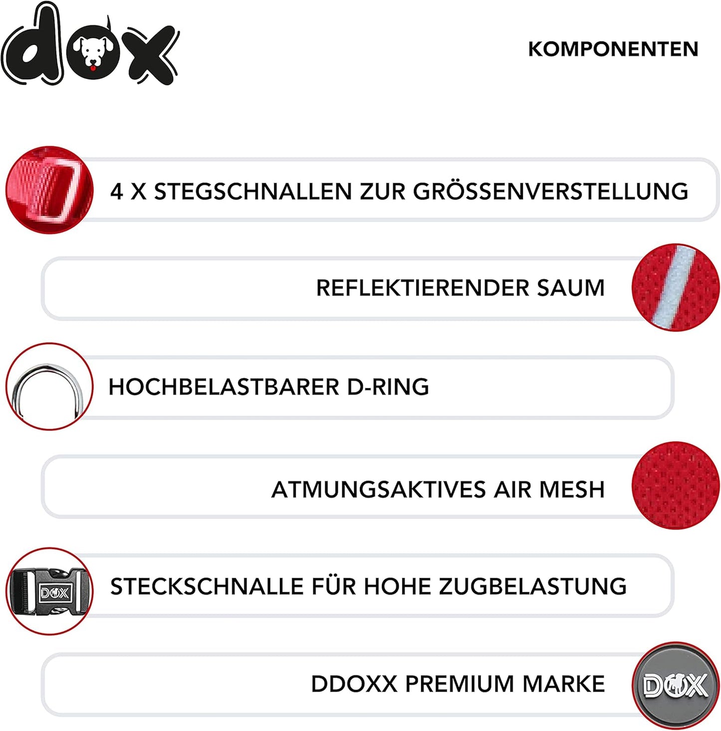 Reflektierendes Hundegeschirr, HALS: 42-58 cm | BRUST: 52-76 cm Rot
