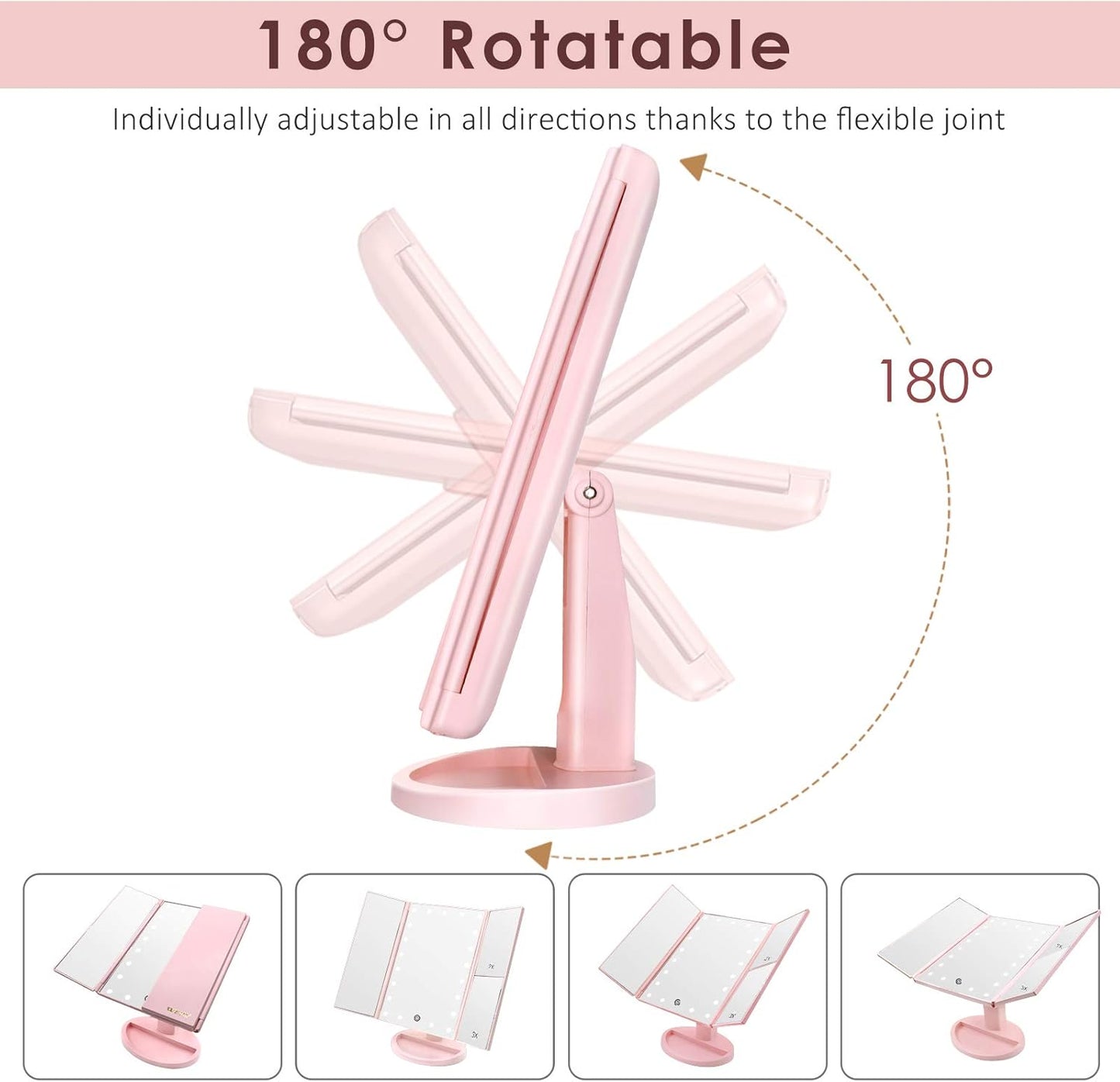 Dreifach gefalteter Kosmetikspiegel mit LED & Vergrösserung, Rosa