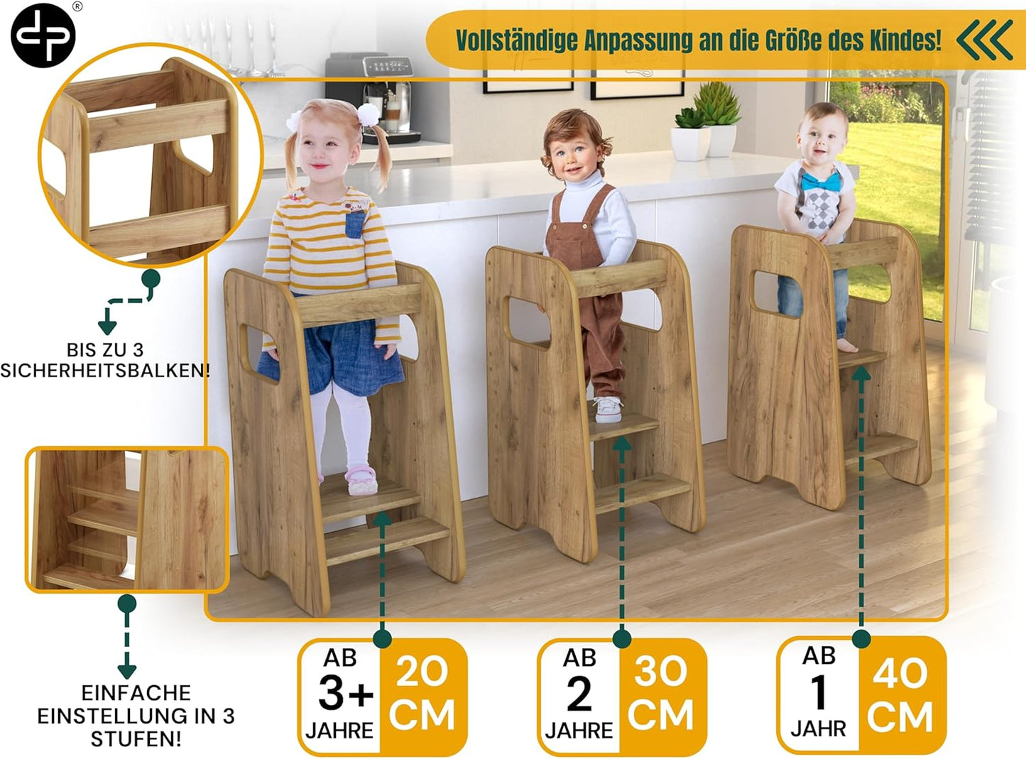 Höhenverstellbarer Lernturm mit Kippschutz, Eiche