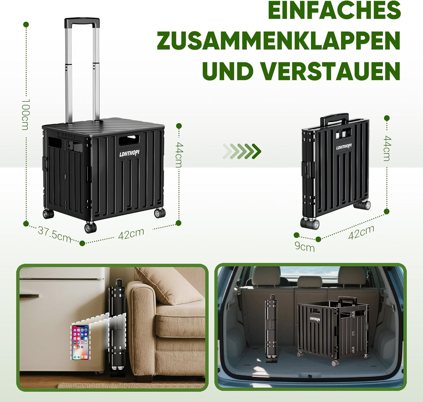 Klappbarer Einkaufstrolley mit Teleskopgriff, Schwarz
