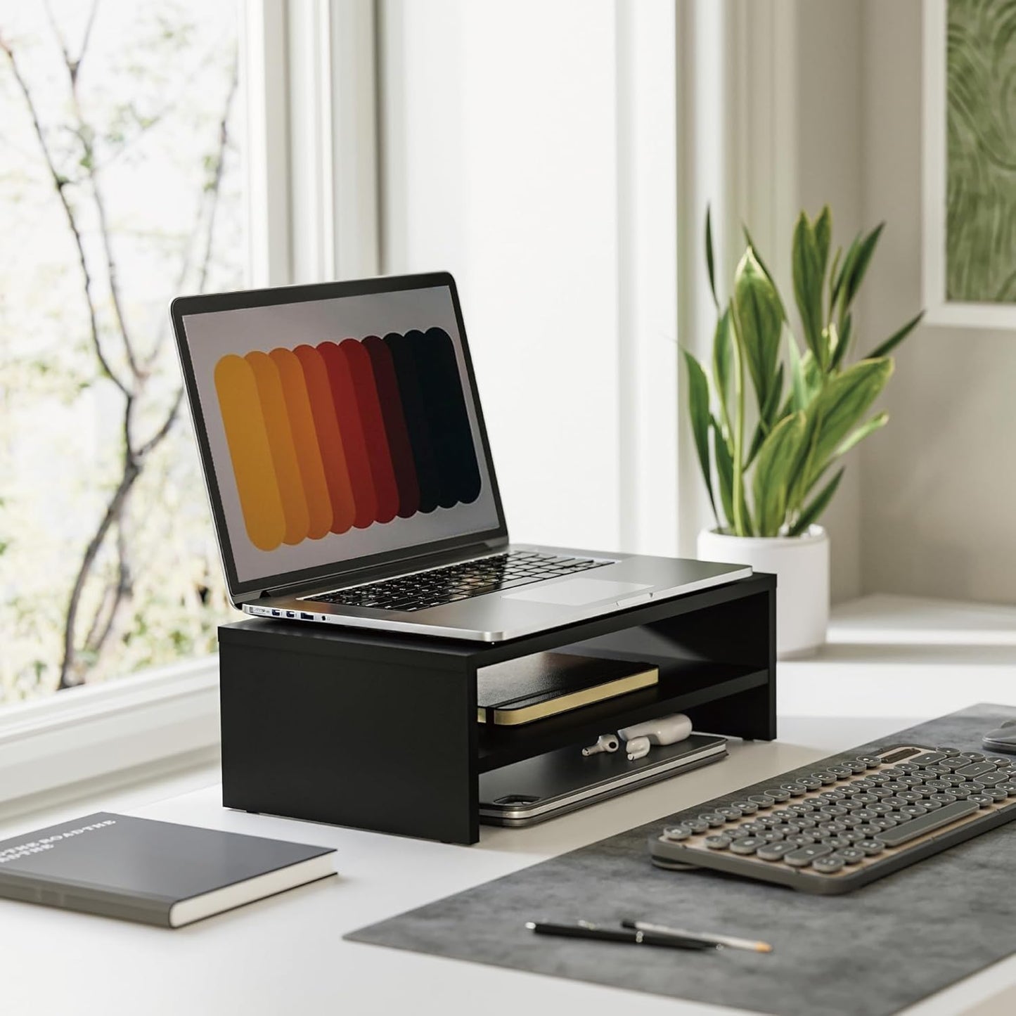 Ergonomischer Monitorständer mit Ablage, Schwarz 42.5x23.5x14cm
