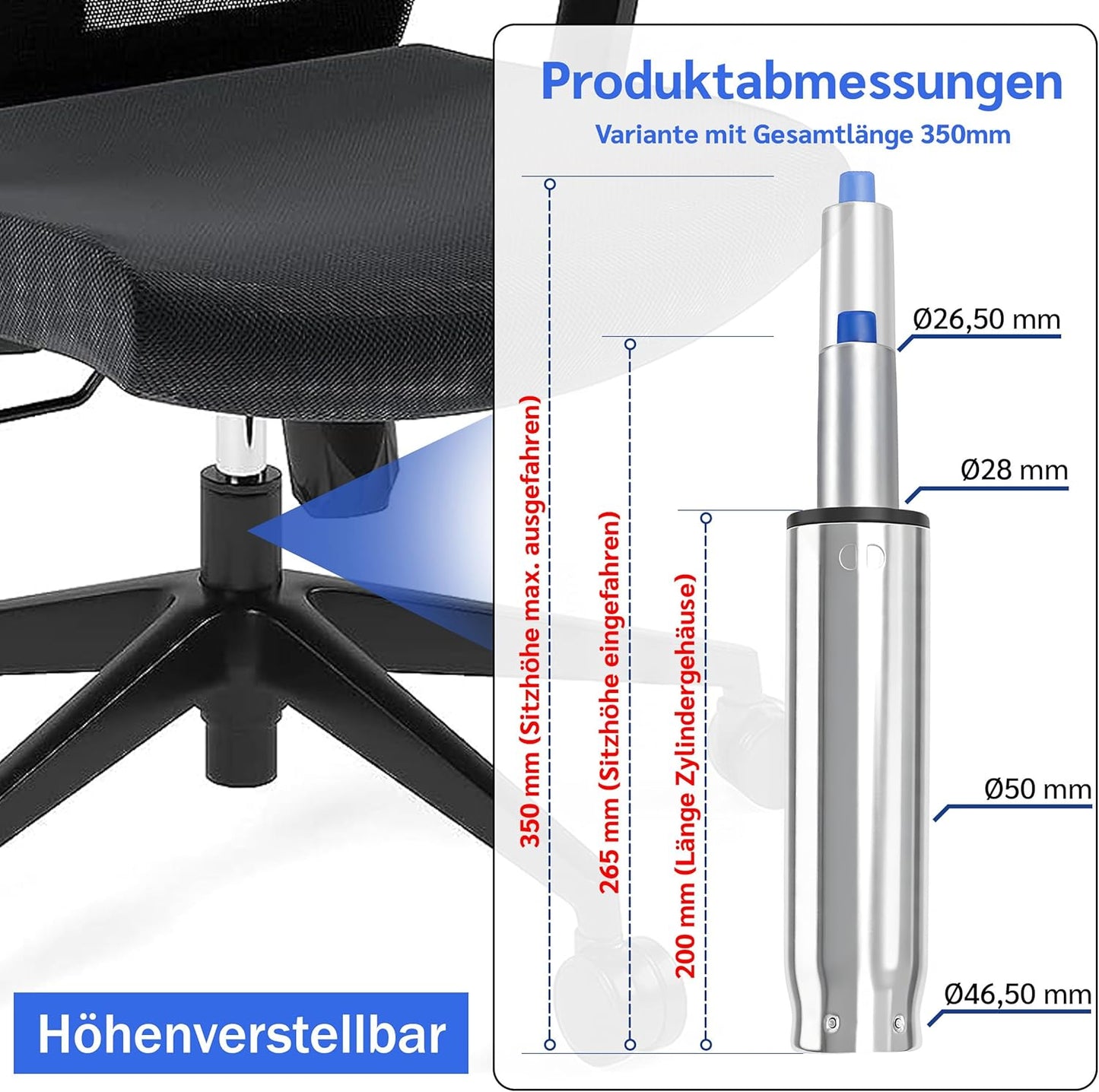 Gasdruckfeder für Bürostuhl, 350 mm Gesamtlänge Chrom