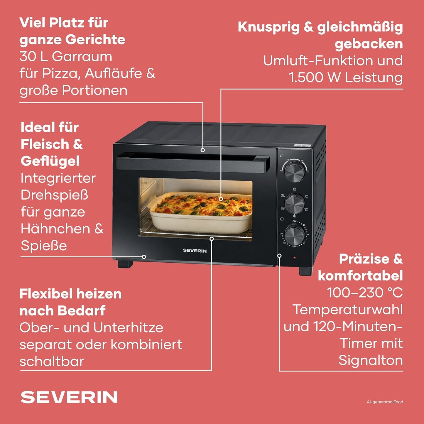 Back- und Toastofen mit Umluftfunktion (30 L, 1600 W)