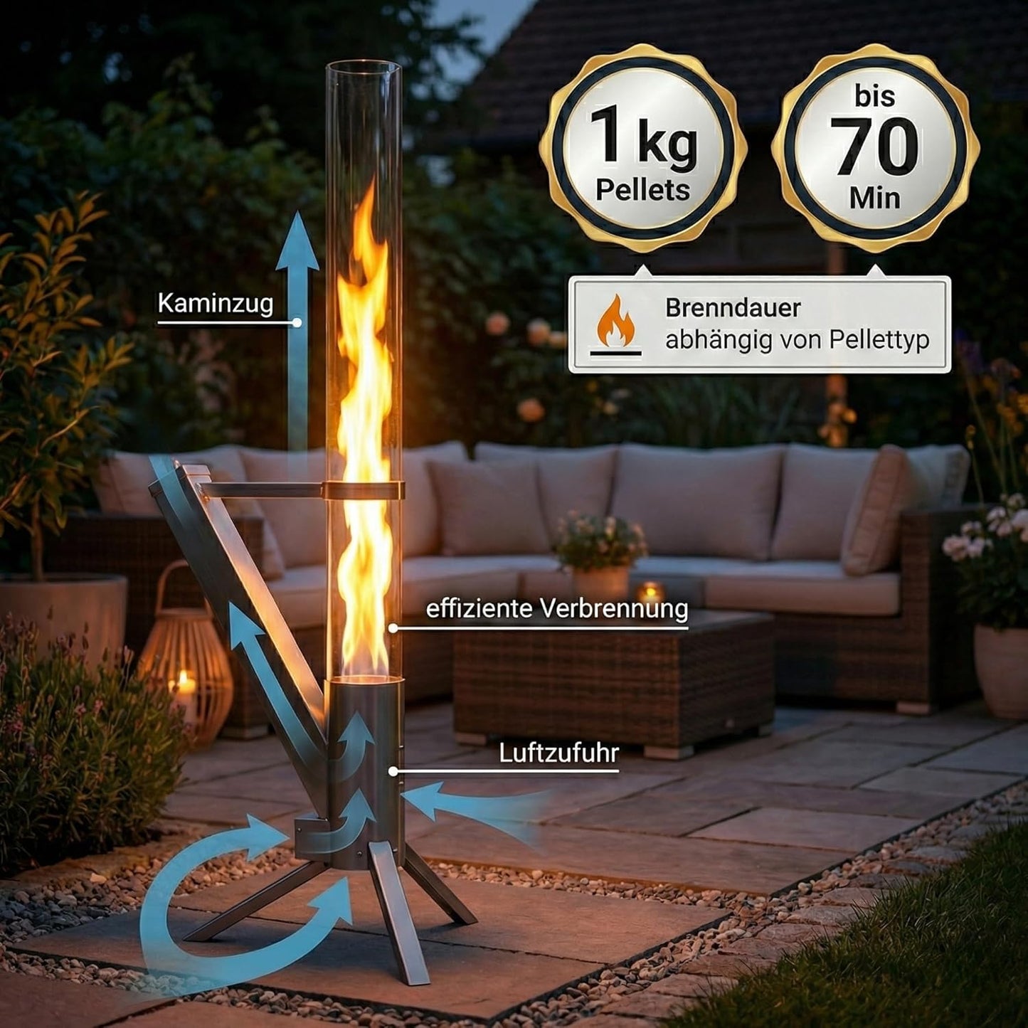 Pelletfackel Raketenofen mit Glasrohr, Edelstahl Silber
