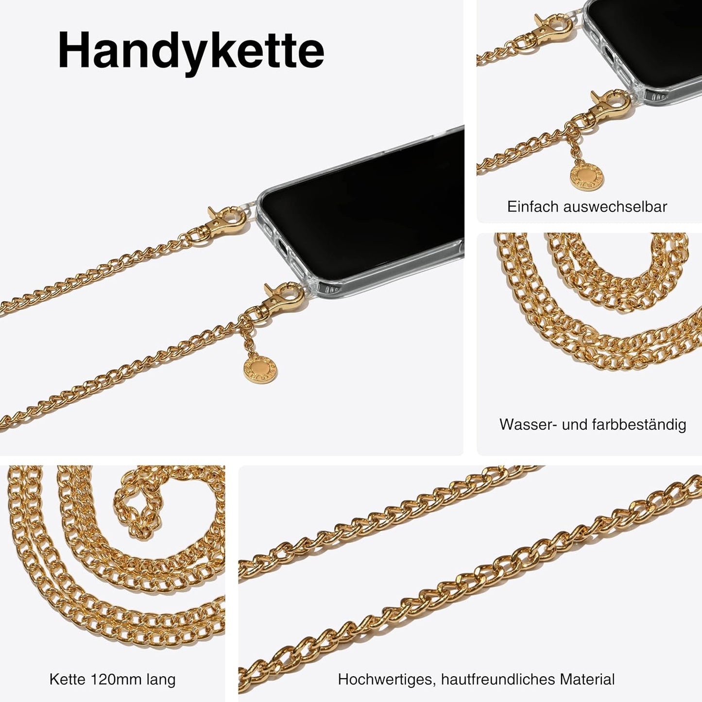 Handykette & Hülle für iPhone 13, iPhone 13|Kette Amber in Goldfarben + Kordel