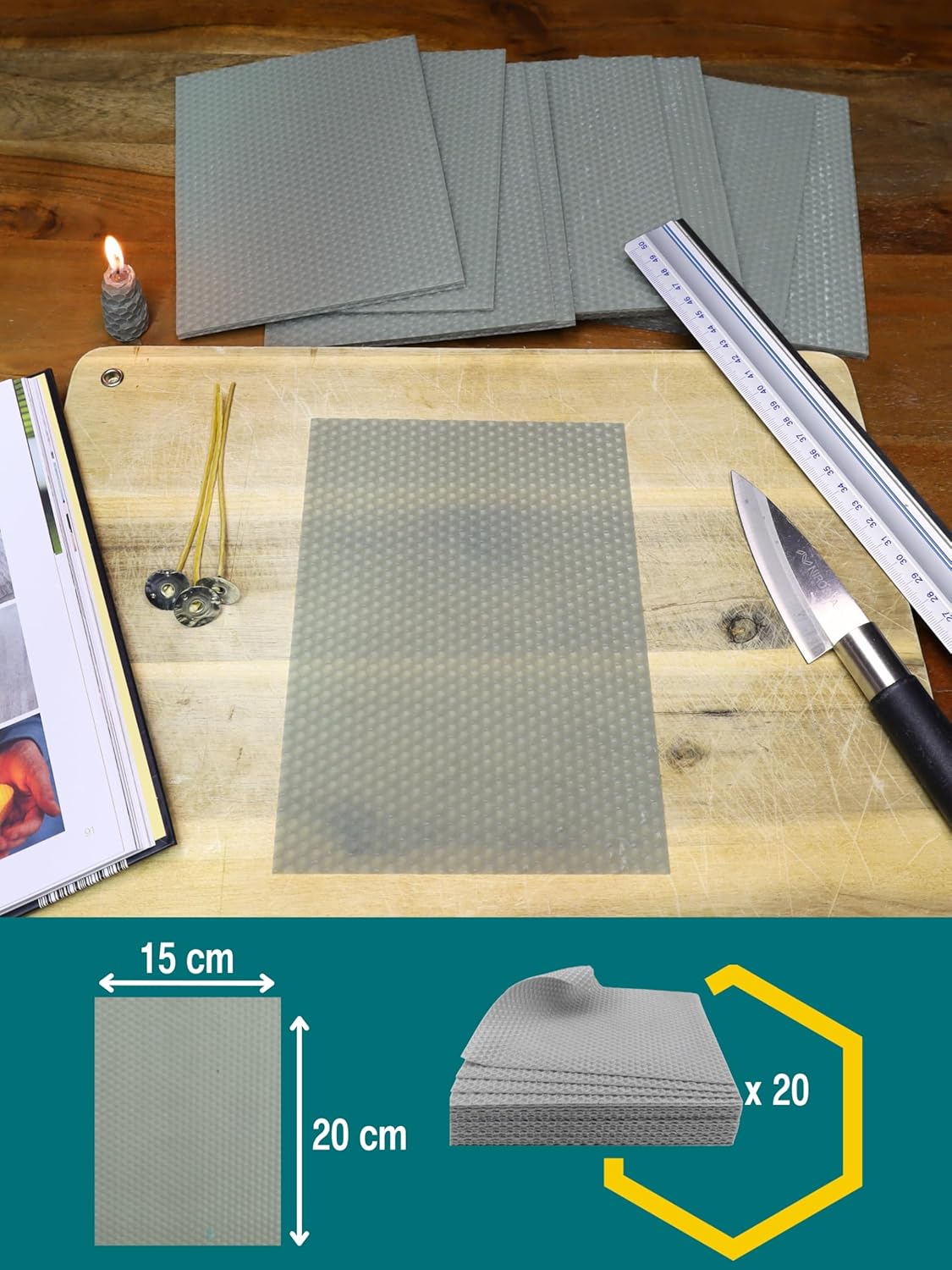 20er Set Bienenwachsplatten für Kerzenherstellung, Hellgrau | 20 X 15 cm