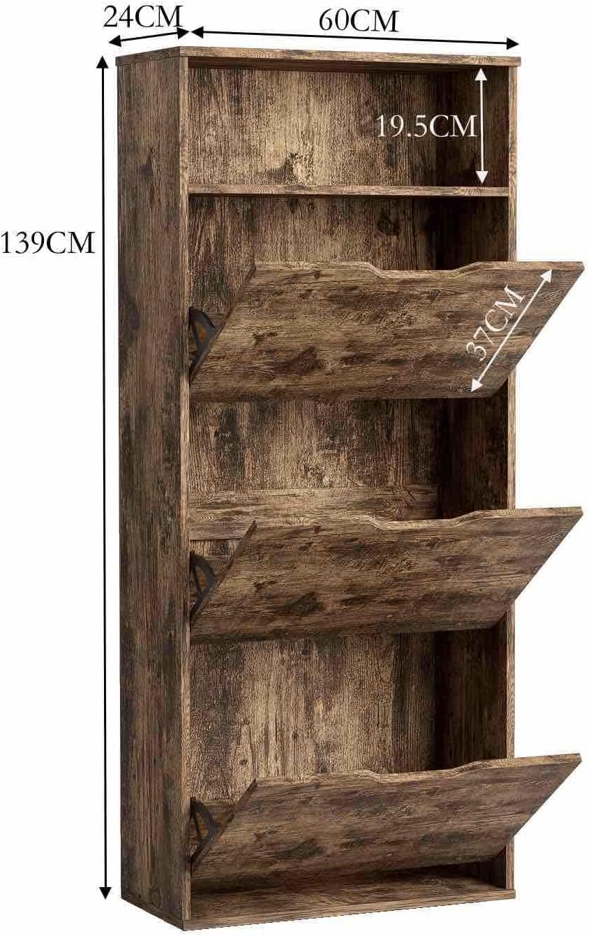 Schuhschrank mit 3 Klappen, ultraschmal (24 cm), Rustikales Braun