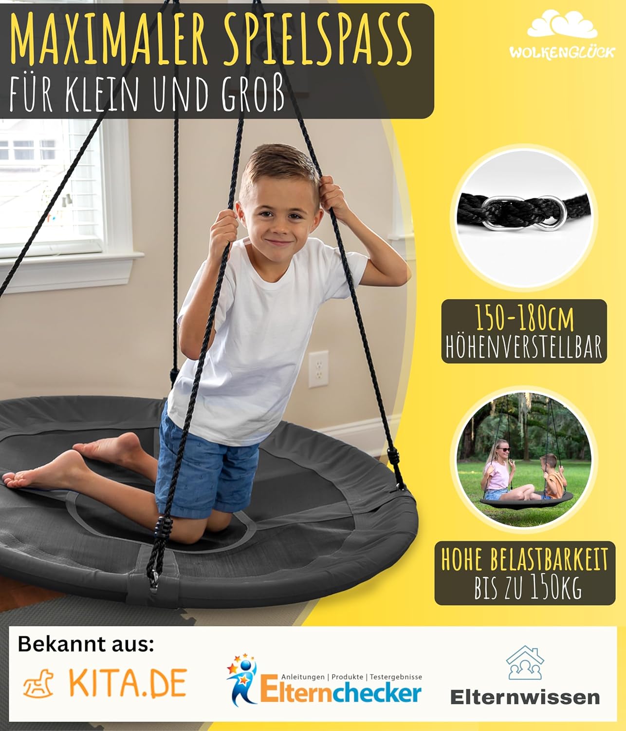 Höhenverstellbare Nestschaukel für Kinder & Erwachsene, Grau - 110cm Durchmesser