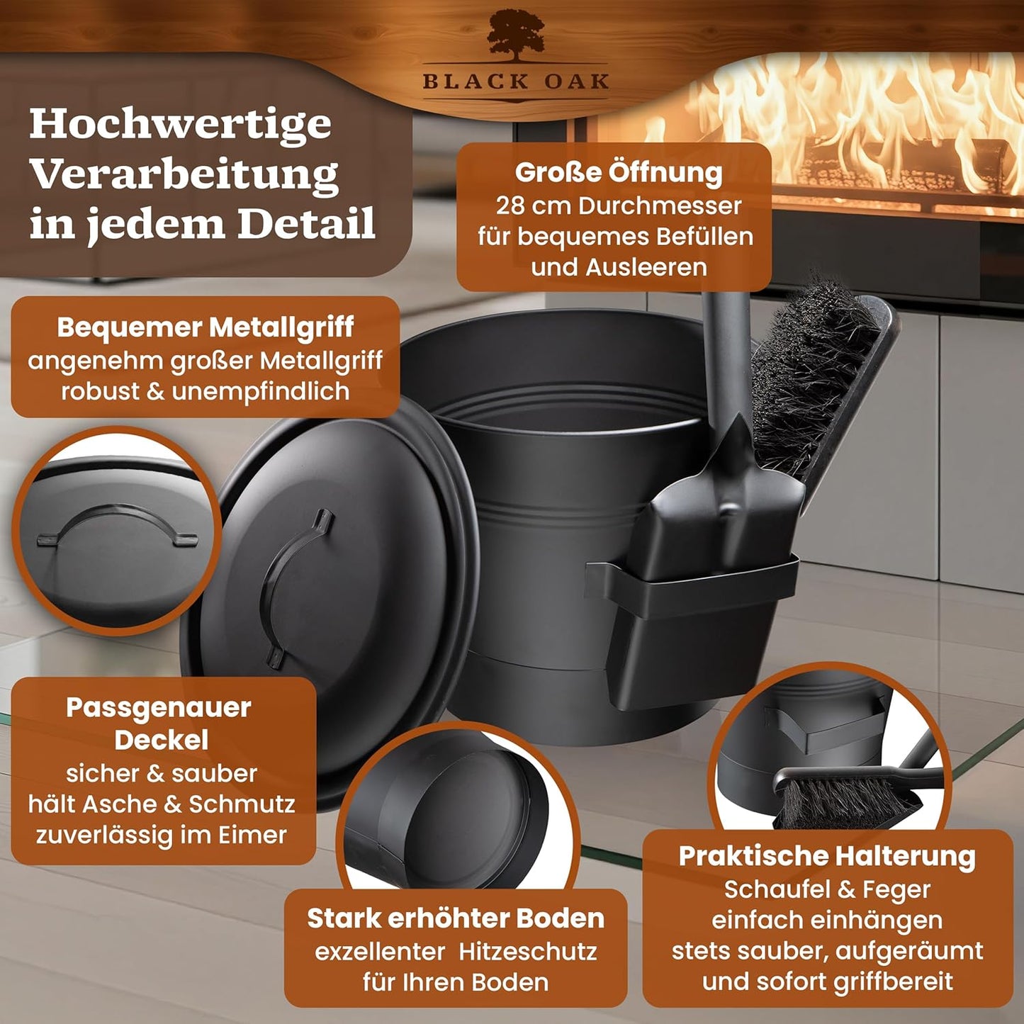 Ascheeimer Set Lanin mit Zubehör, Lanin 8L HELL Eimer + Kehrset