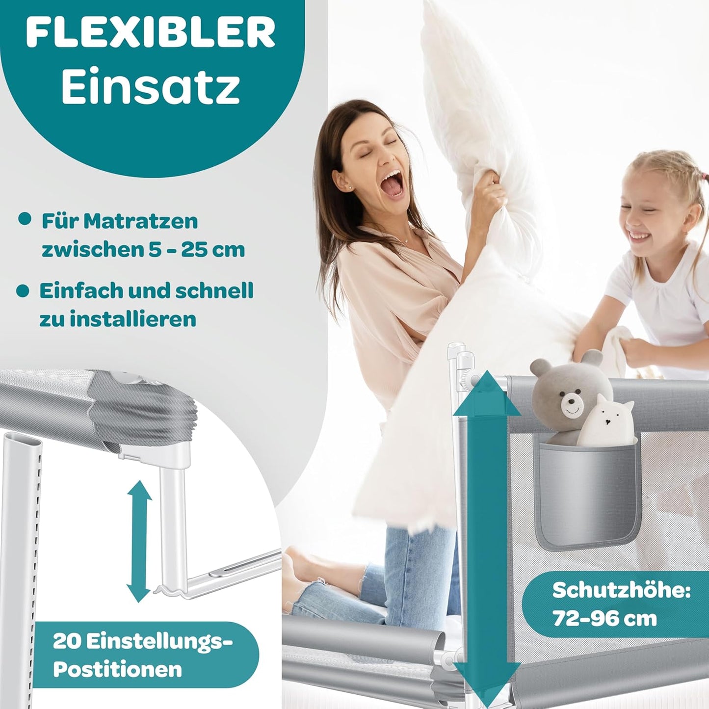 Klappbares Bettgitter, 150cm Hellgrau