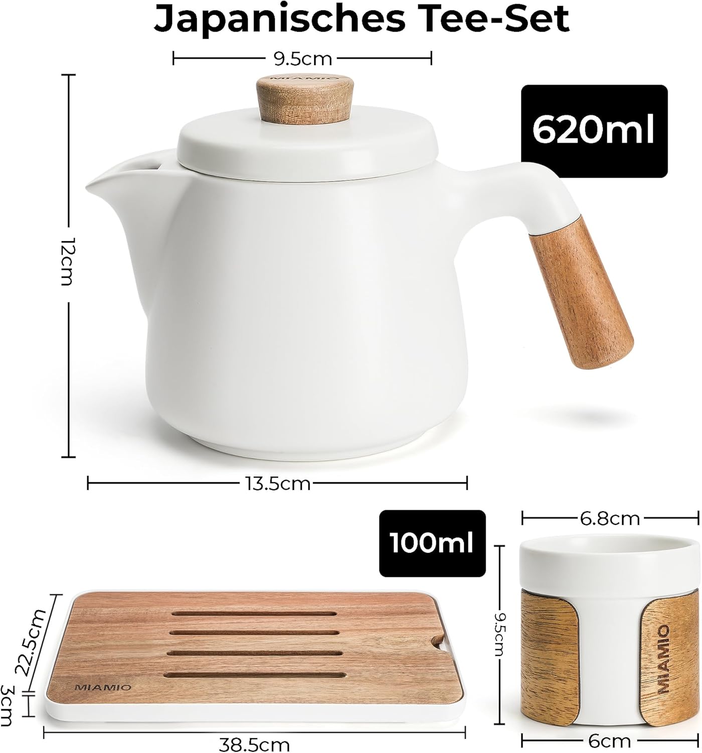 Japanisches Teekannen-Set mit Tassen und Teesieb, Weiß