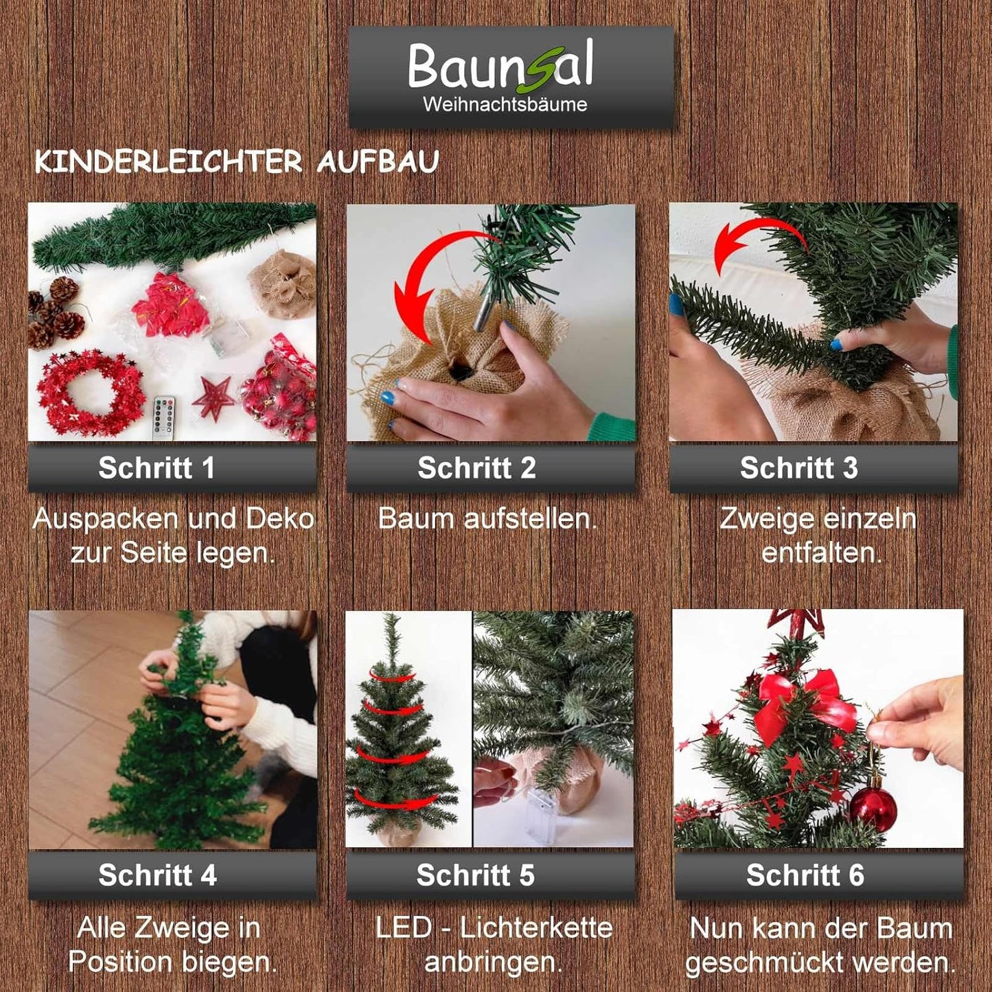 Künstlicher Weihnachtsbaum mit LED & Deko (60 cm), 60 cm Grün-rot-braun+warmweiss