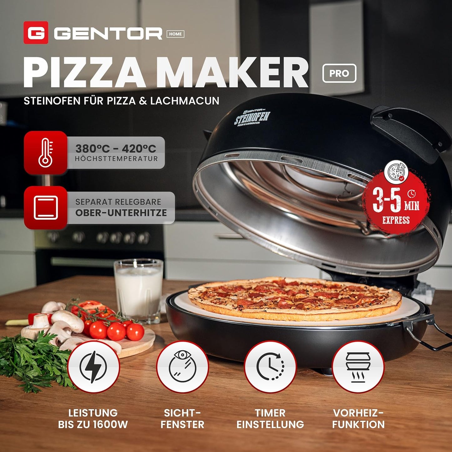 Elektrischer Pizzaofen mit Pizzastein & Sichtfenster