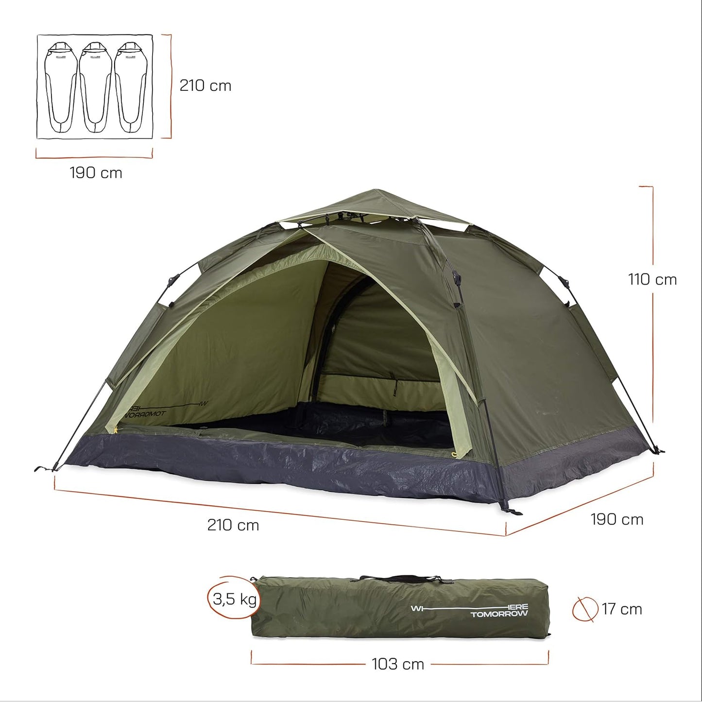 Camping-Zelt für drei Personen, Dunkelgrün 2-3 Personen | 2 Eingang