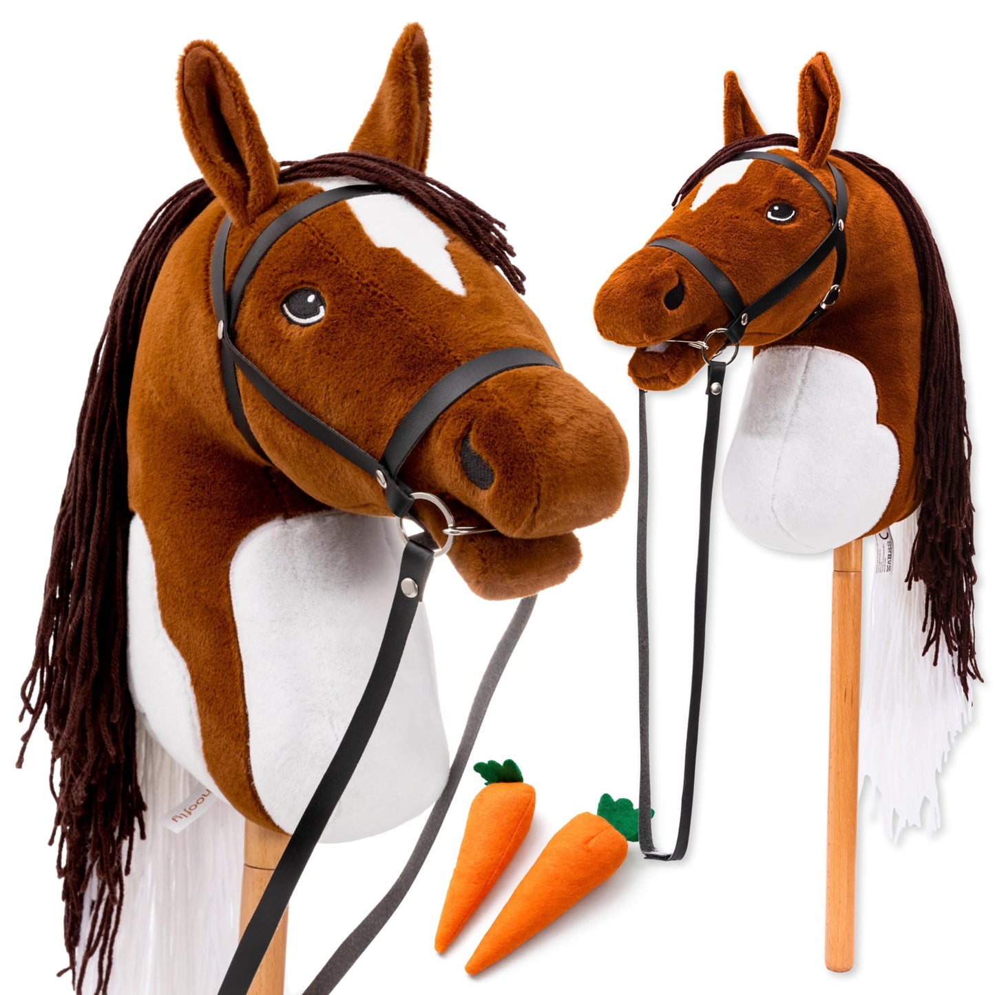 Hobby Horse Steckenpferd mit Trense, 40 cm Stab, Braune Schecke