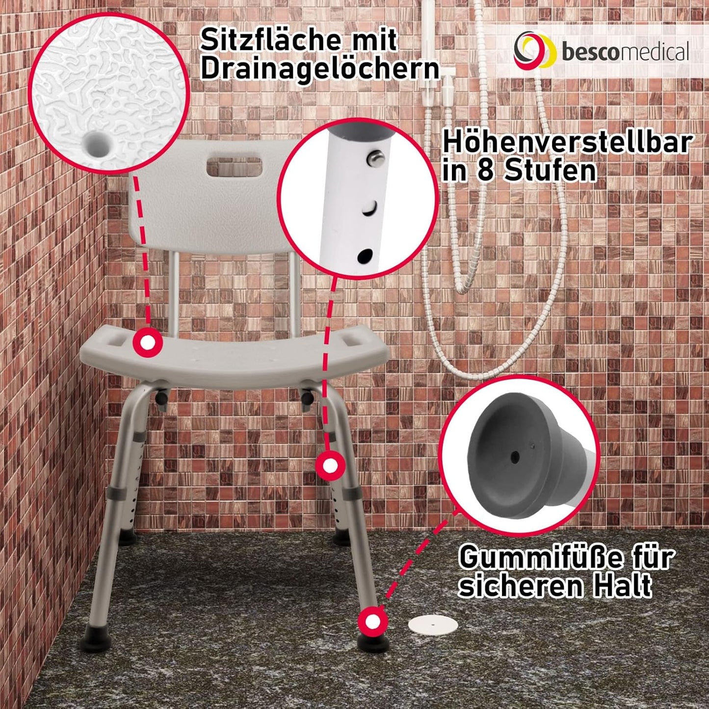Höhenverstellbarer Duschhocker mit Rückenlehne, Duschhocker mit Rückenlehne