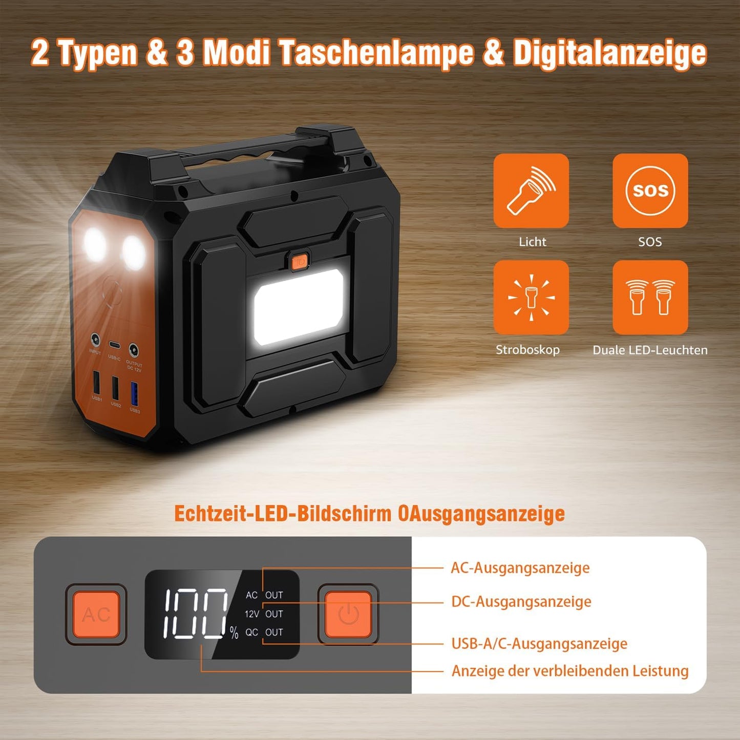 Tragbare Powerstation mit Solarpanel, Orange