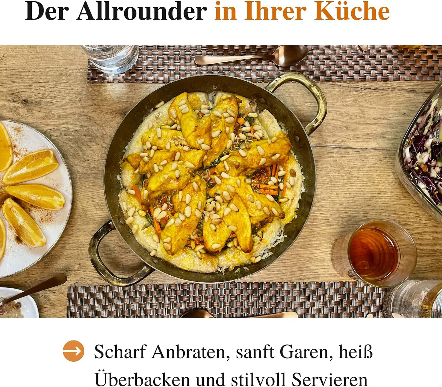 Kupferpfanne mit Zinnbeschichtung, 28 cm mit Griffen