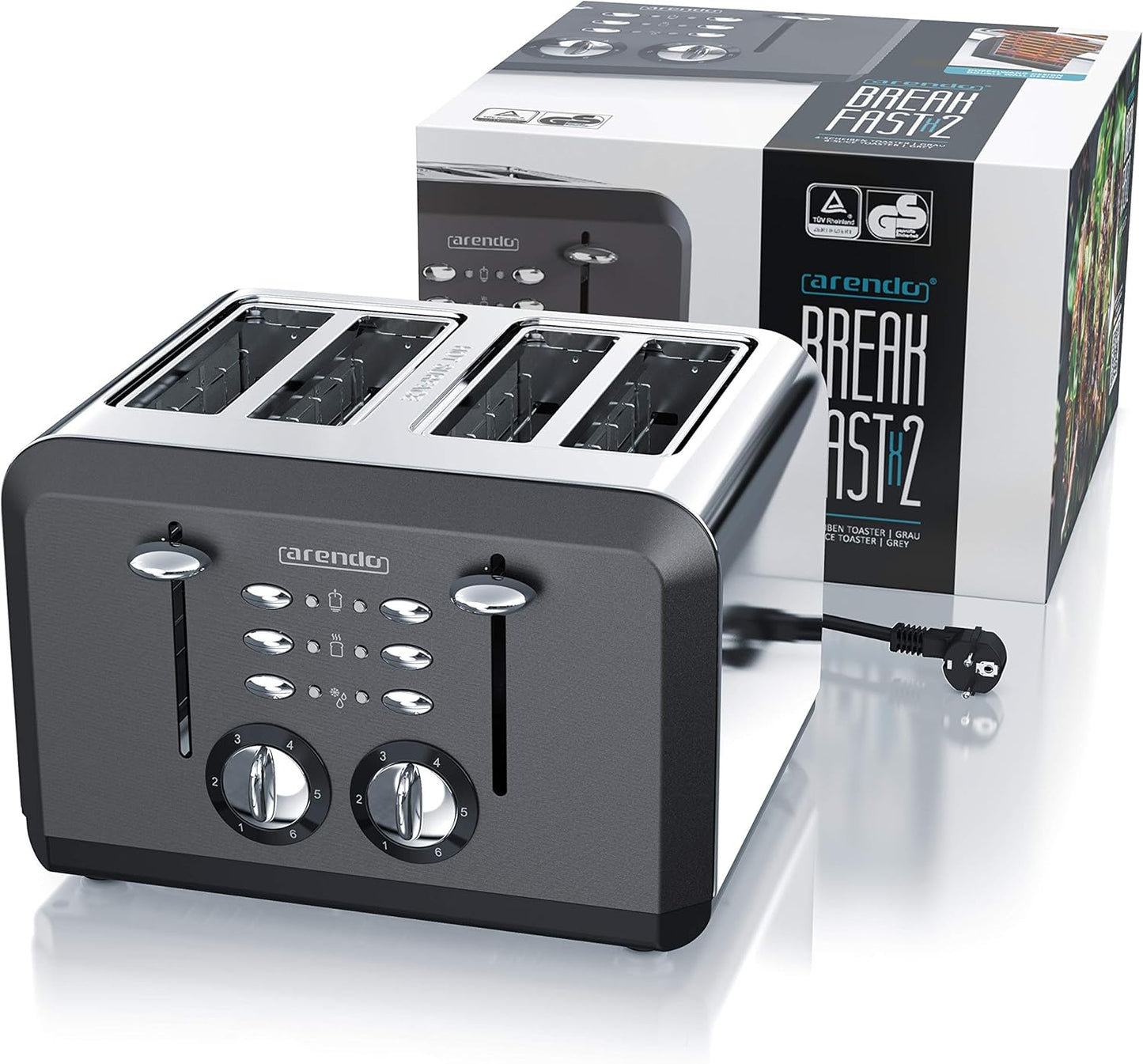 Breakfast X2 Toaster für 4 Scheiben, mit Auftau- Aufwärm- und Stoppfunktion, A: Cool Grey