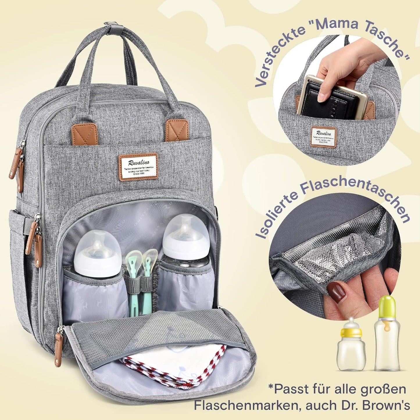 Wasserdichter Wickelrucksack mit Wickelunterlage, Grau03