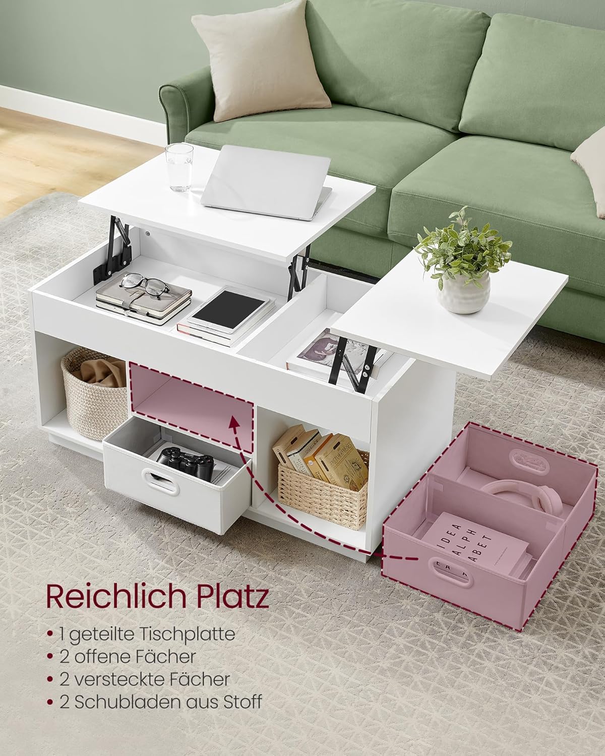 Multifunktionaler Couchtisch mit Schubladen und Fächern, Schneeweiß