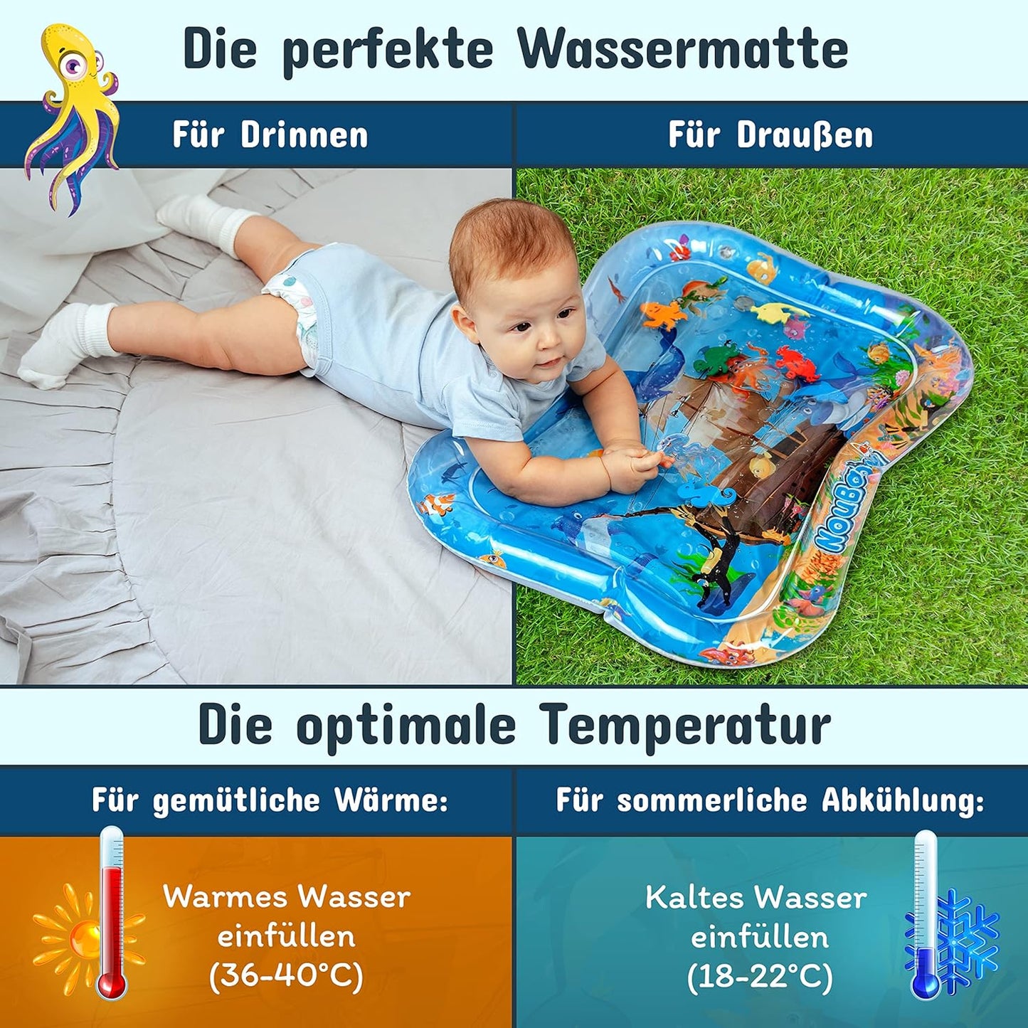 Wasserspielmatte Baby Spielzeug ab 3 Monaten (65x50 cm), Gross 65x50 CM