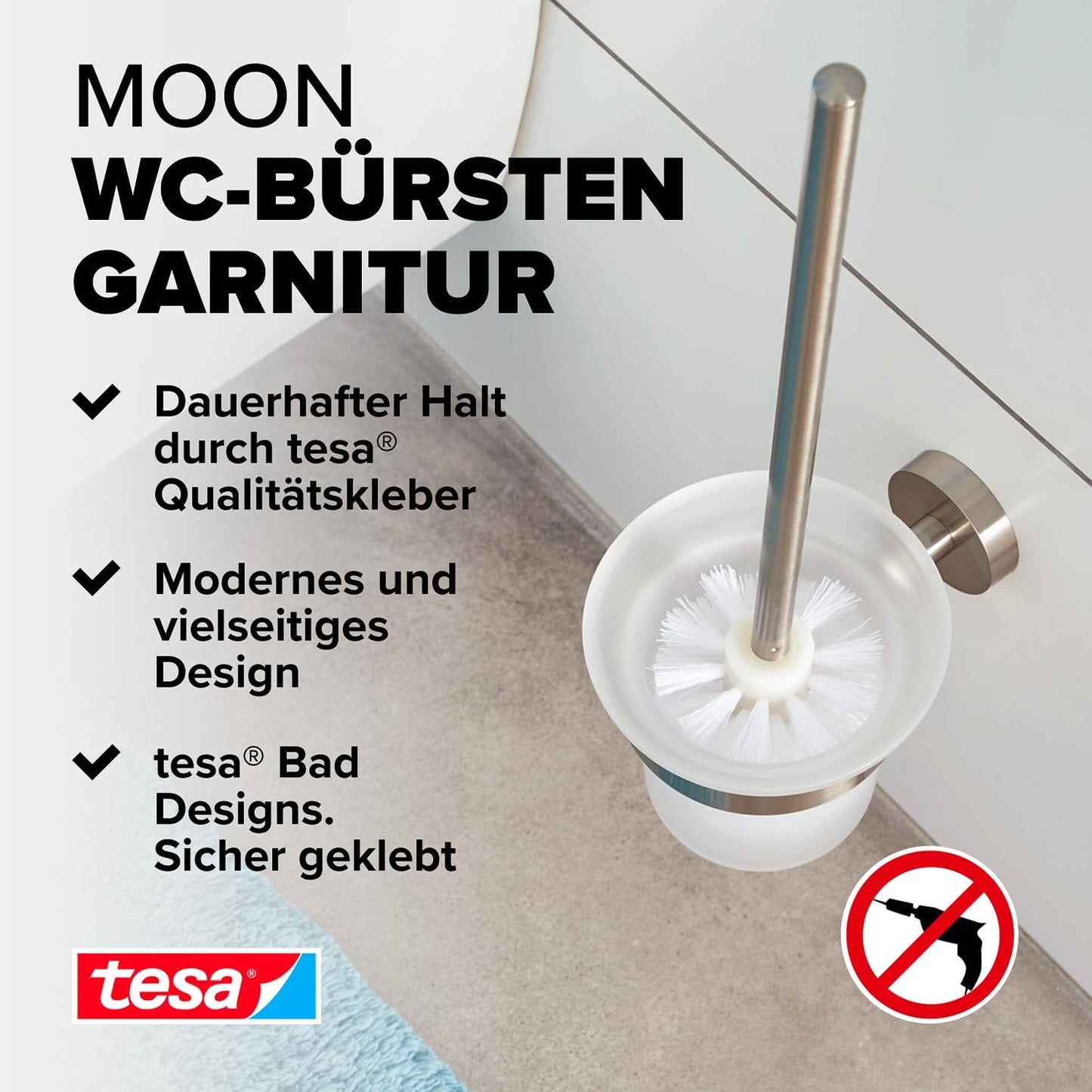 Moon WC-Bürstengarnitur inkl. Klebelösung ohne Bohren, Toilettenbürstenhalter