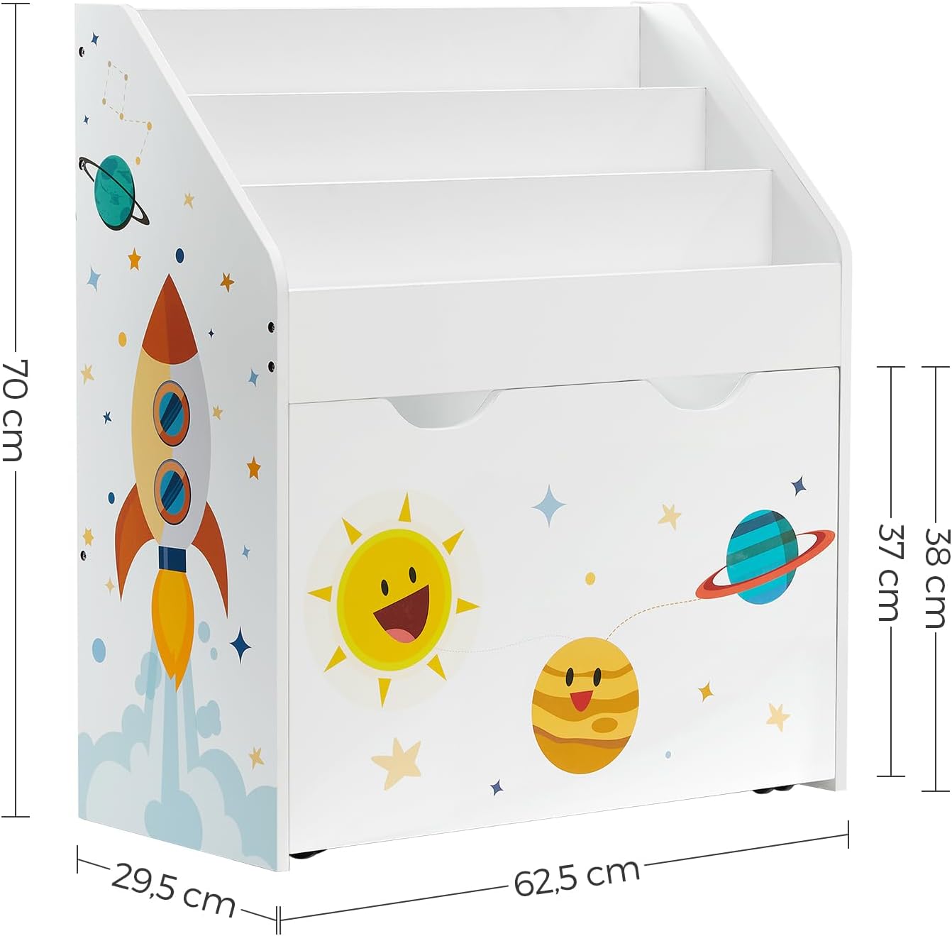Kinderregal Kiddy auf Rollen, Weiss + Weltraum-motiv