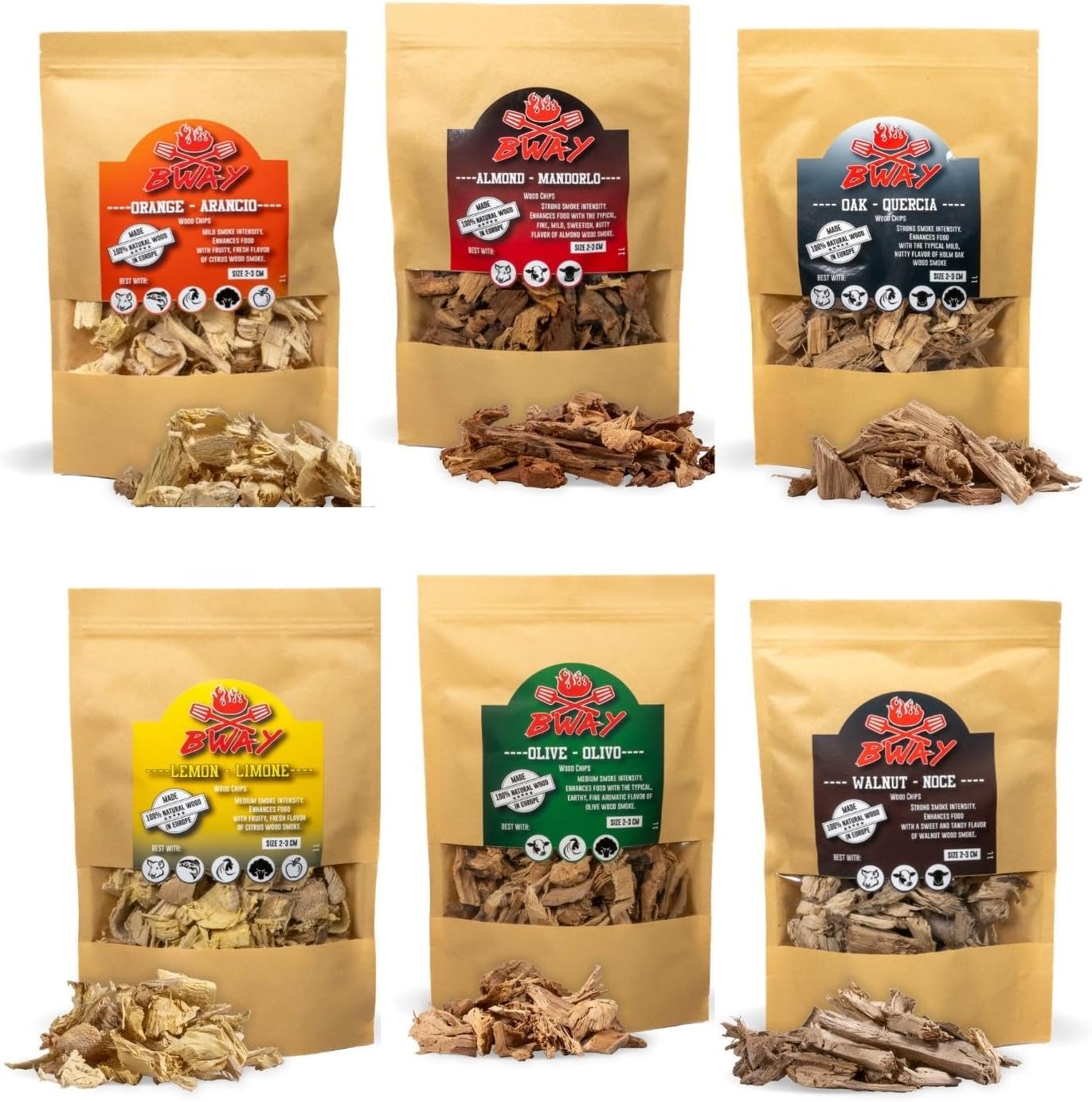 6-teiliges Räucherchips-Set: Olive, Orange, Mandel, Zitronen, Walnuss und Eiche, 6 x 1 L