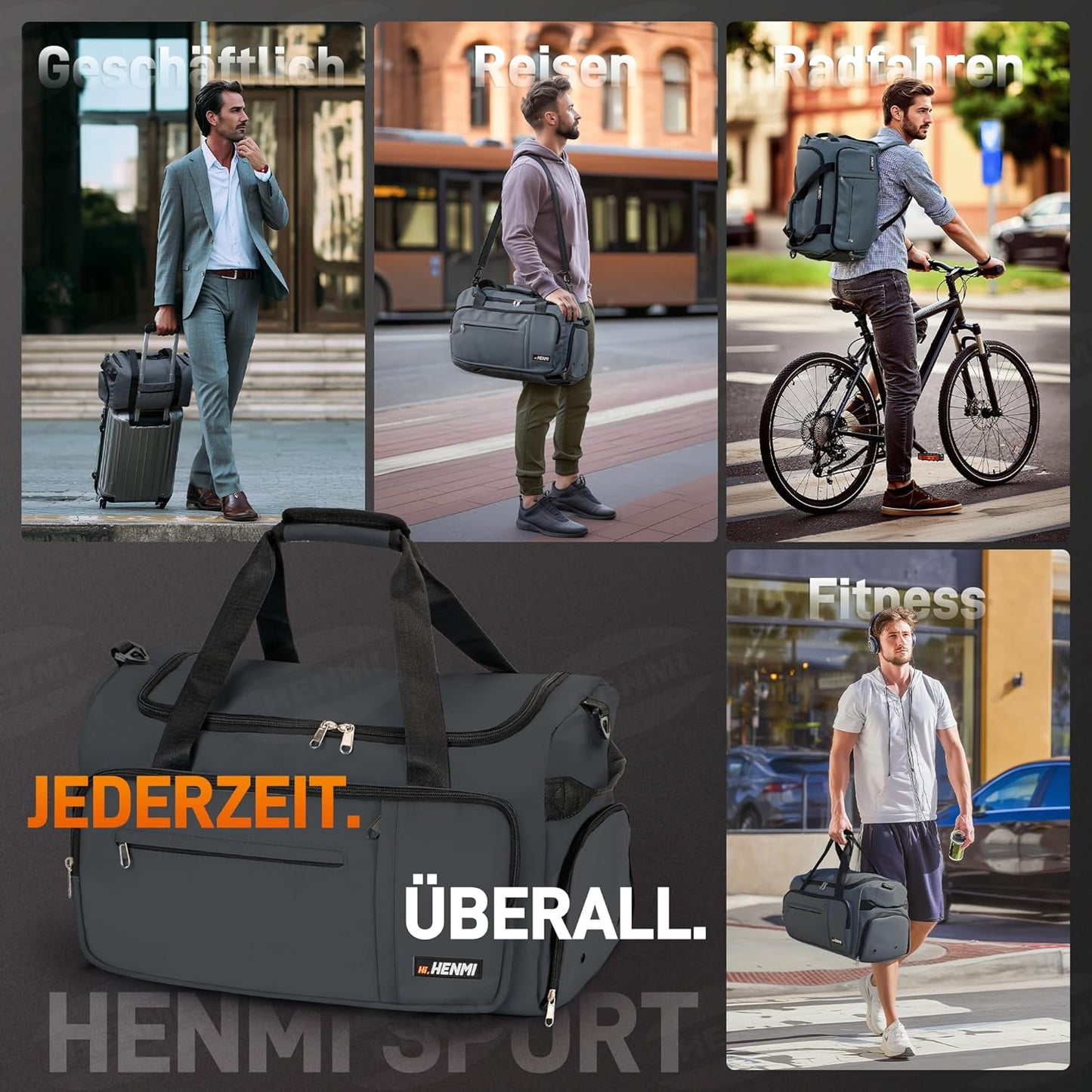 Sport- und Reisetasche mit Schuh- & Nassfach, Grau