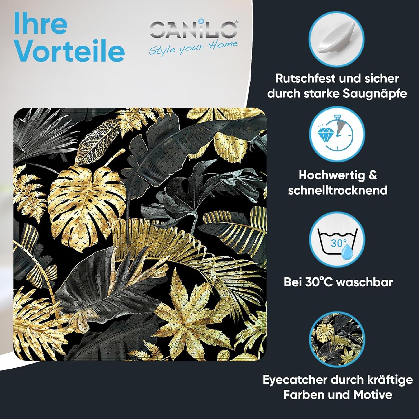 Antirutsch-Badematte, maschinenwaschbar, Golden Leaves-Motiv, Golden Leaves