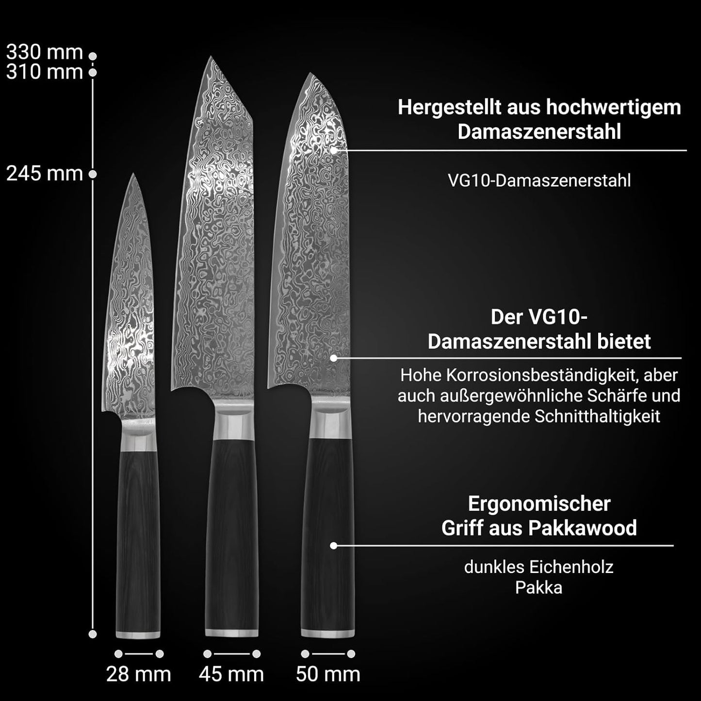 3-teiliges Küchenmesserset (Santoku, Kiritsuke, Office), Set 3-teilig AKIRA, YUNO, SANJI