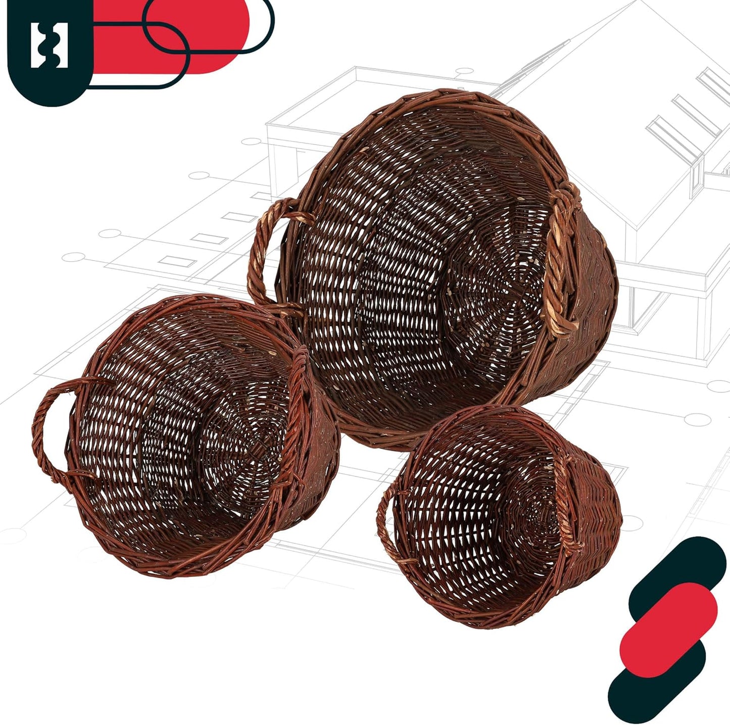3er-Set Weidenkörbe mit Griffen, ø 30 cm / ø 40 cm / ø 50 cm